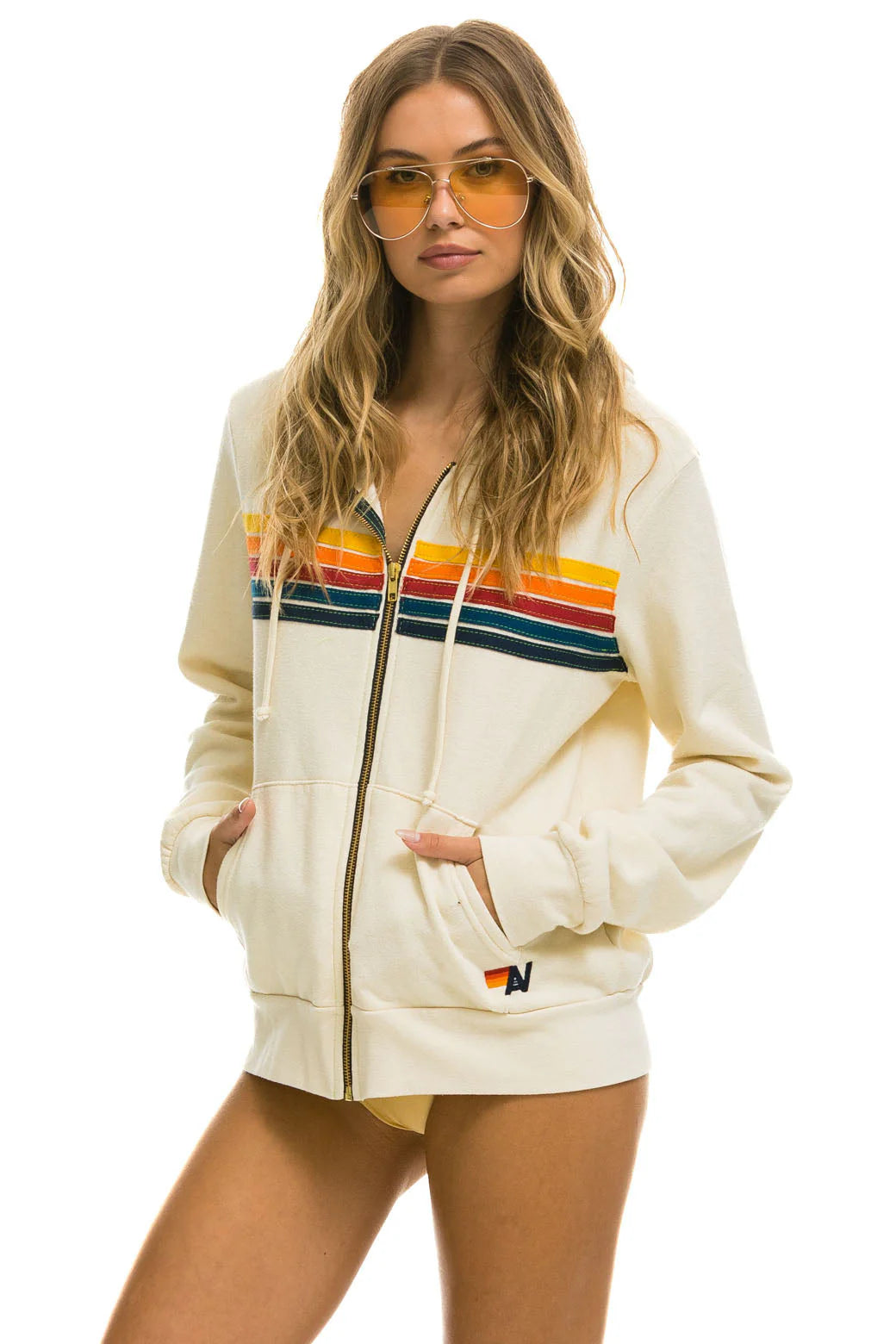 Aviator Nation Unisex 5 Stripe Hoodie - Vintage White