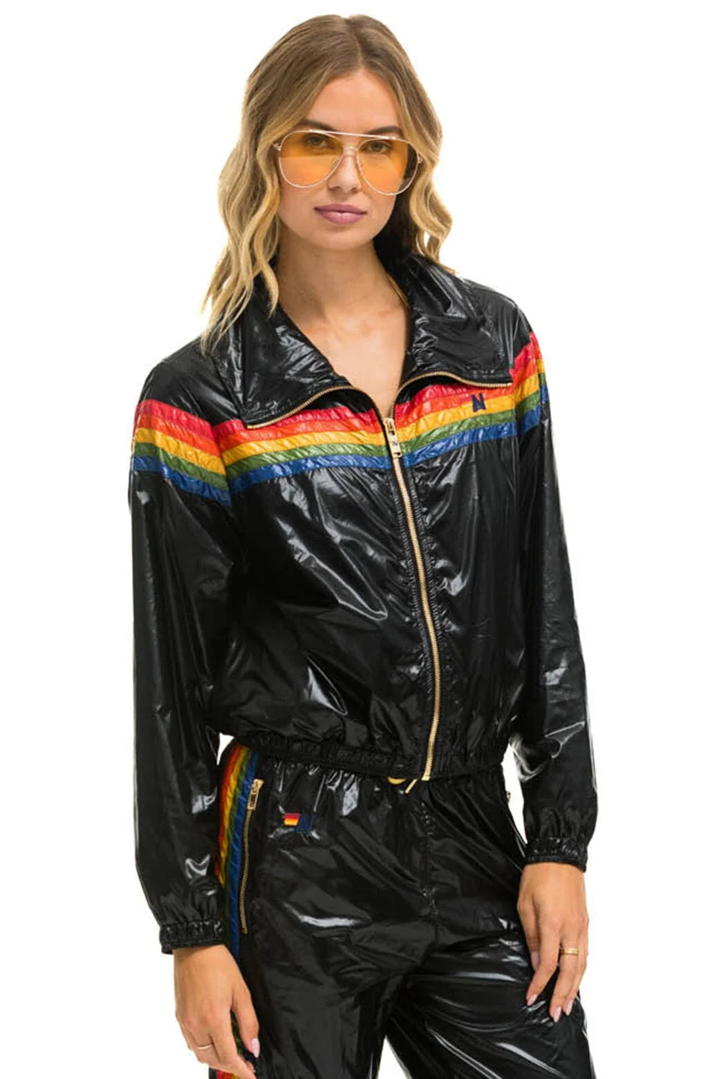 Aviator Nation 5 Stripe Windbreaker - Black Glossy