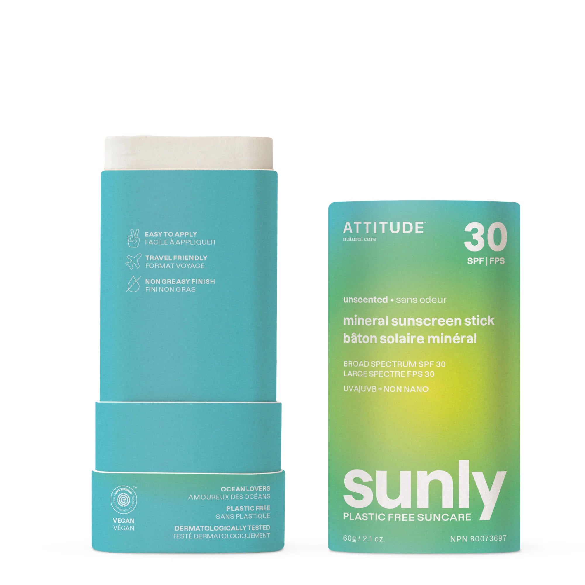 Attitude Sunly™ Plastic-Free Mineral Sunscreen Stick SPF 30 - Unscented (60g)