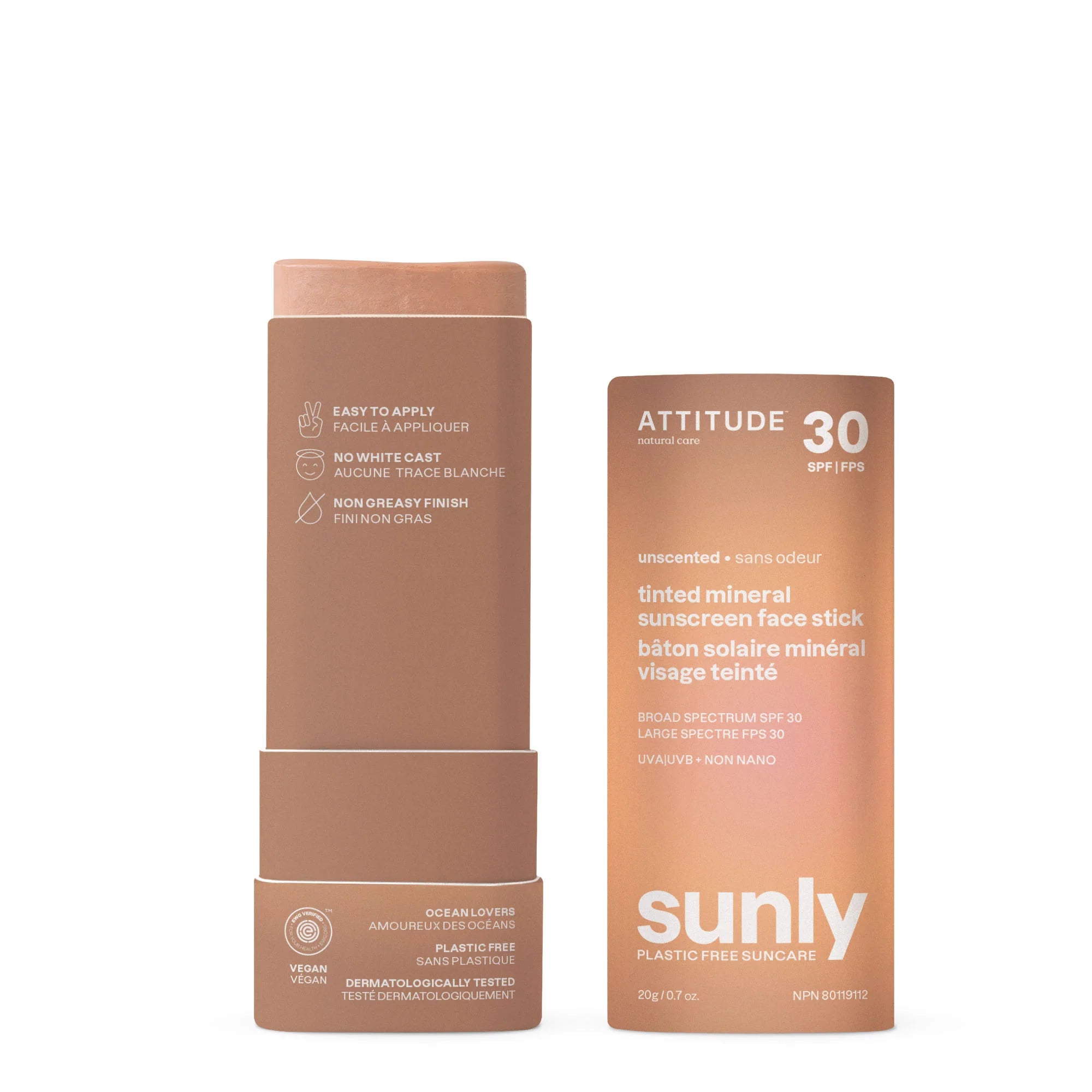 Attitude Sunly™ Plastic-Free Tinted Mineral Sunscreen Stick SPF 30 - Unscented (20g)
