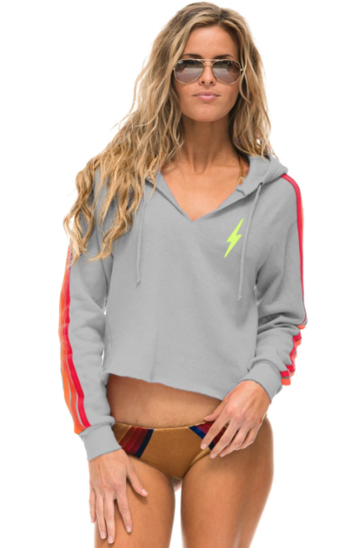 Aviator Nation Bolt Split Neck Crop Hoodie - Light Grey / Neon