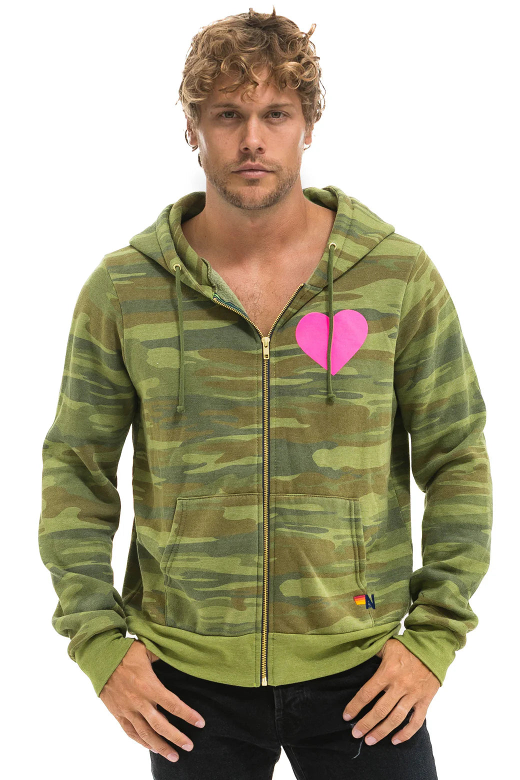 Aviator Nation Unisex Heart 2 Hoodie - Camo / Neon Pink