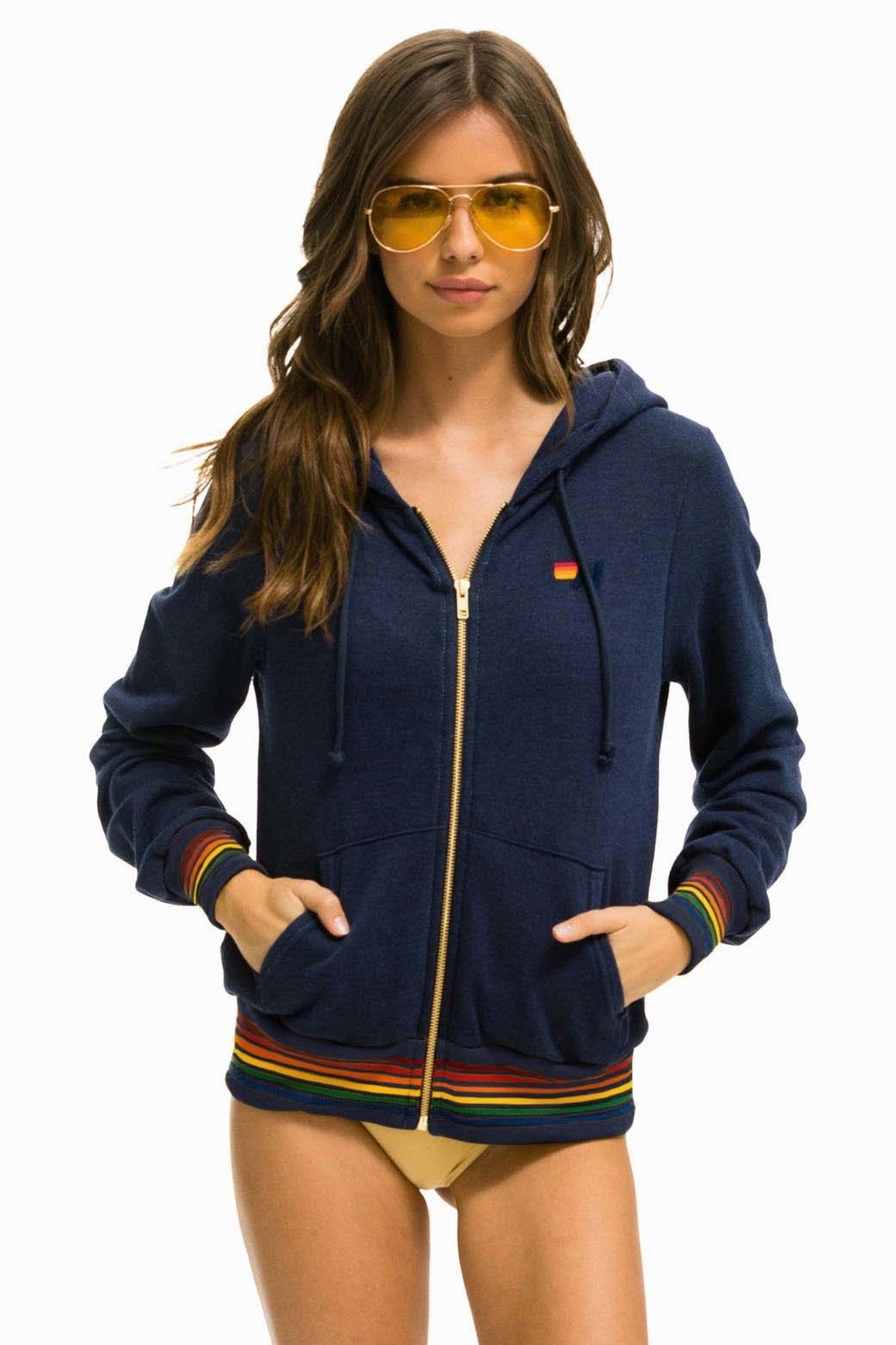 Aviator Nation Unisex Rainbow Rib Hoodie - Navy