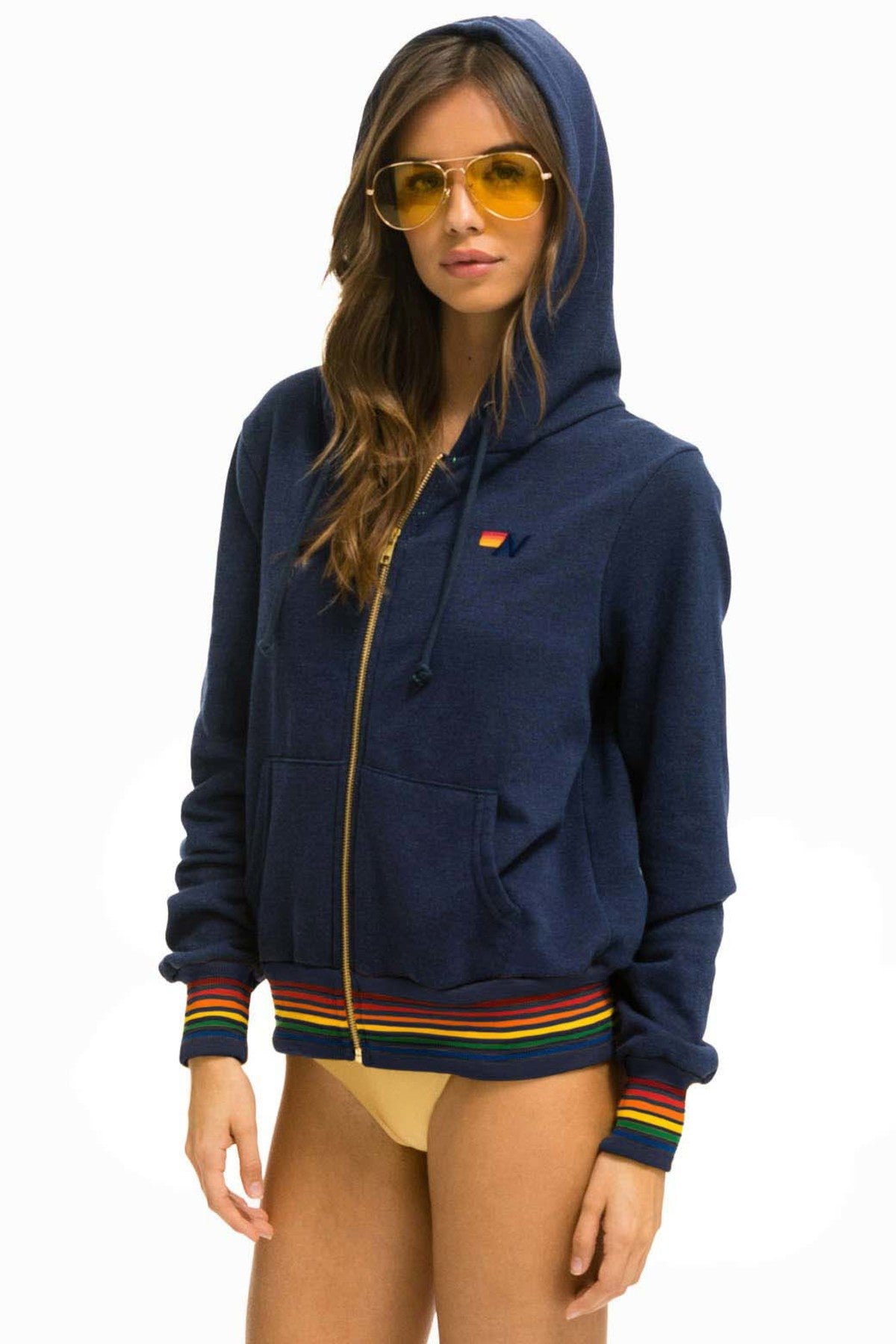 Aviator Nation Unisex Rainbow Rib Hoodie - Navy