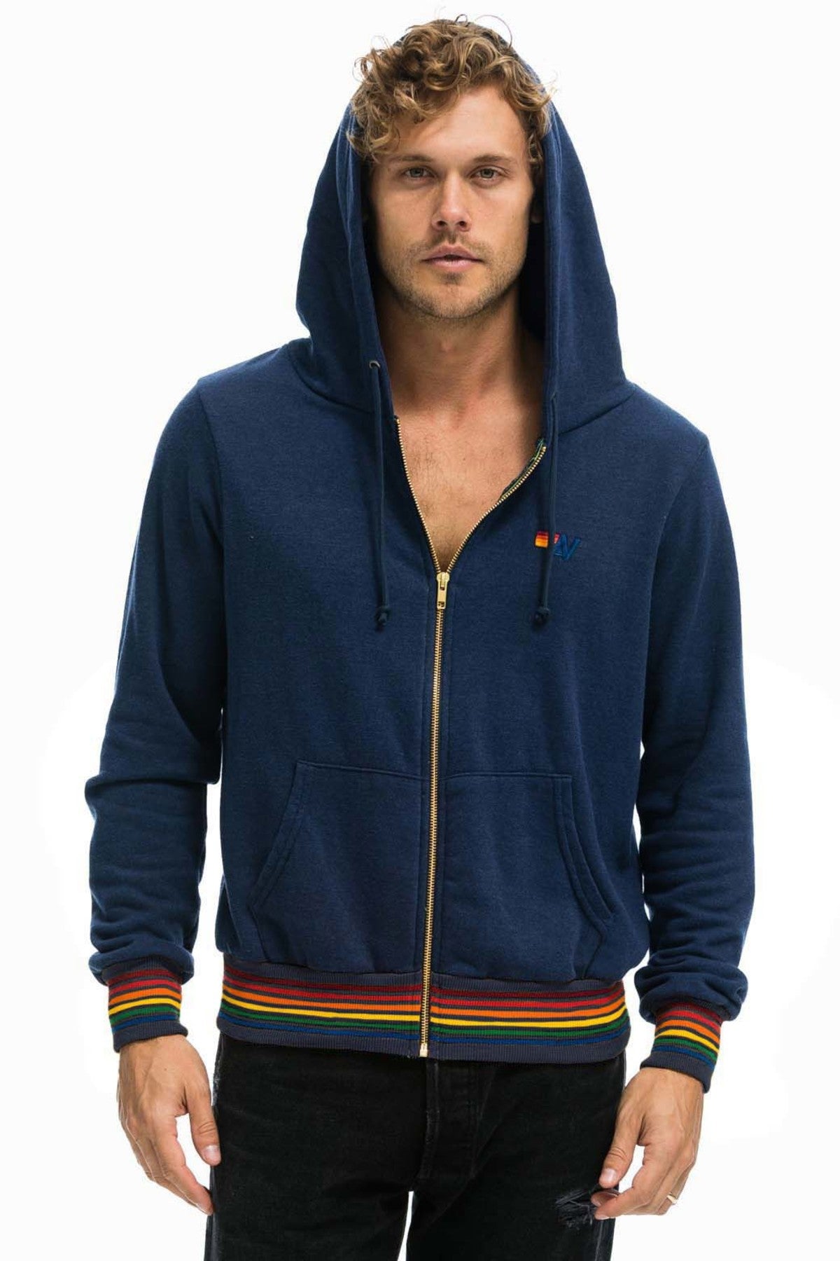 Aviator Nation Unisex Rainbow Rib Hoodie - Navy