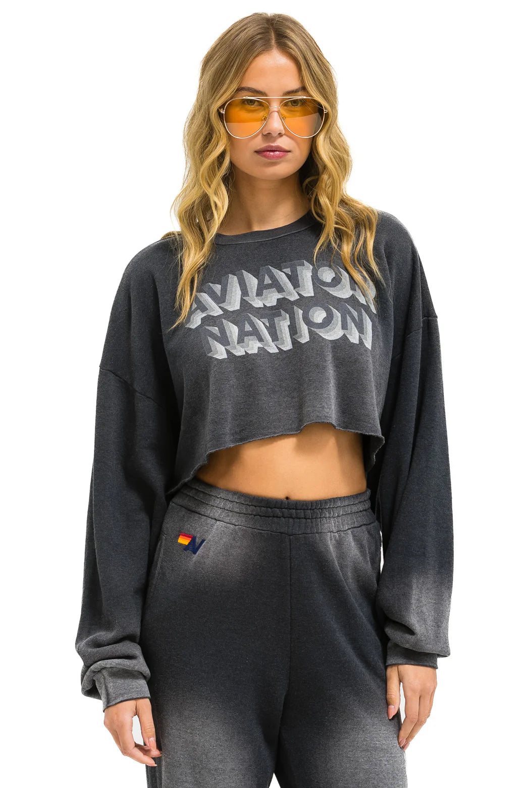 Aviator Nation 3D Cropped Crew Sweatshirt Relaxed - Faded Smoke