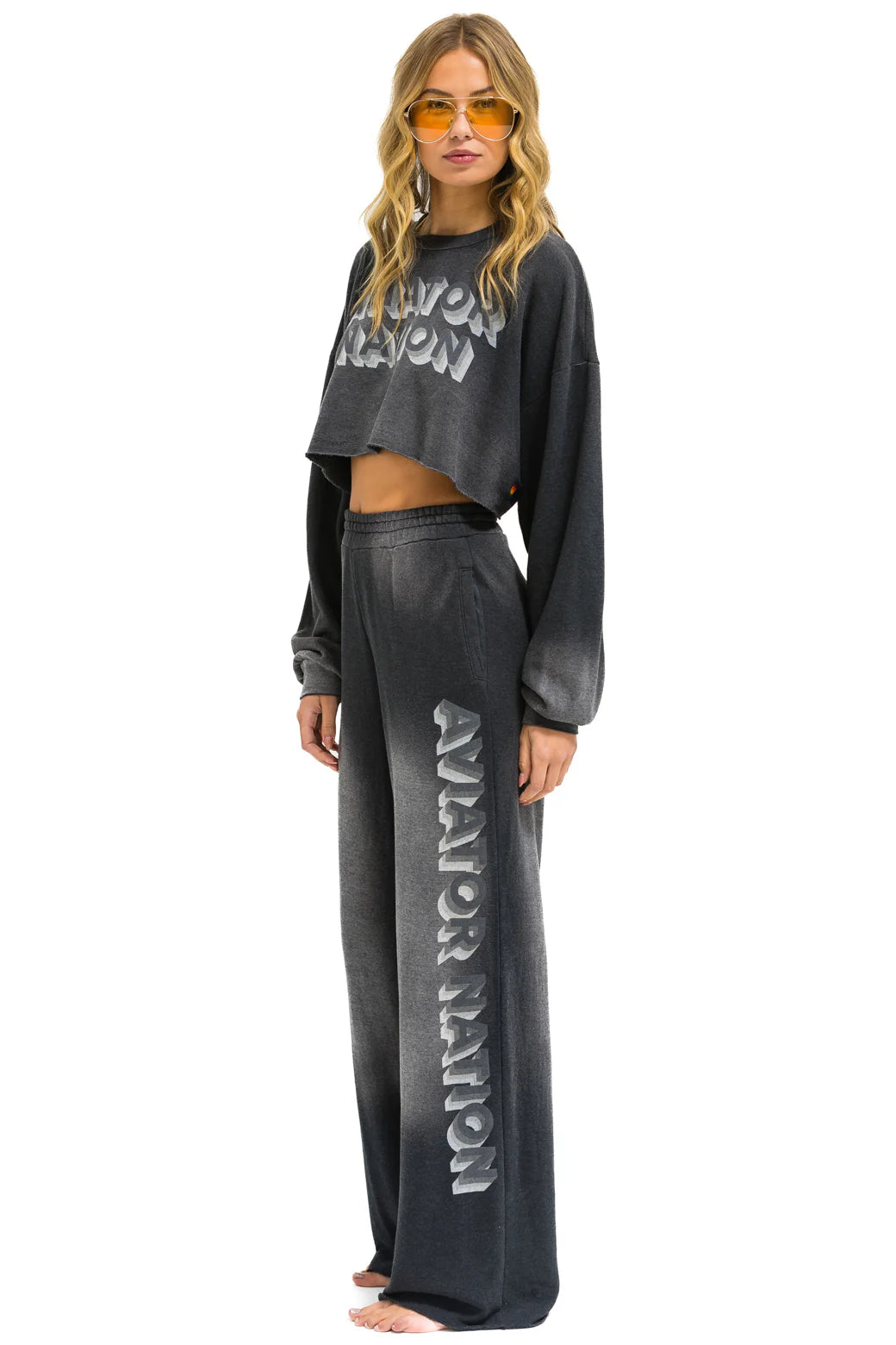 Aviator Nation 3D Wide Leg Pocket Sweatpants - Faded Smoke