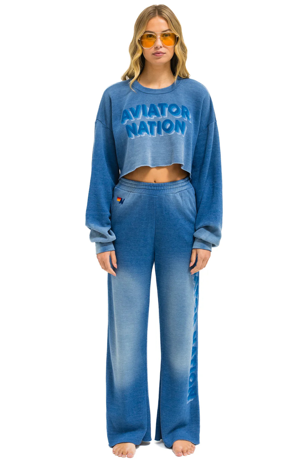 Aviator Nation 3D Cropped Crew Sweatshirt Relaxed - Faded Water