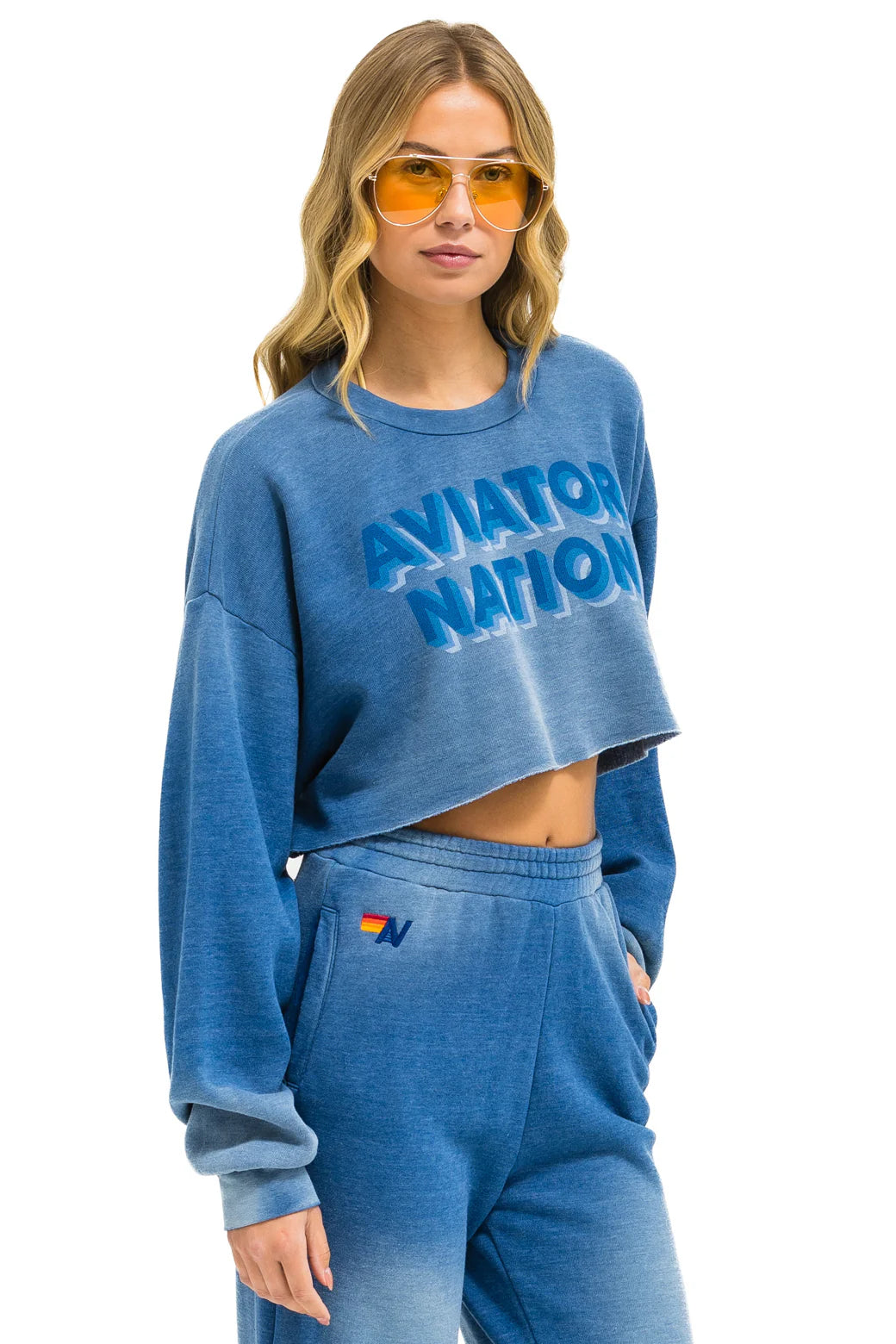 Aviator Nation 3D Cropped Crew Sweatshirt Relaxed - Faded Water
