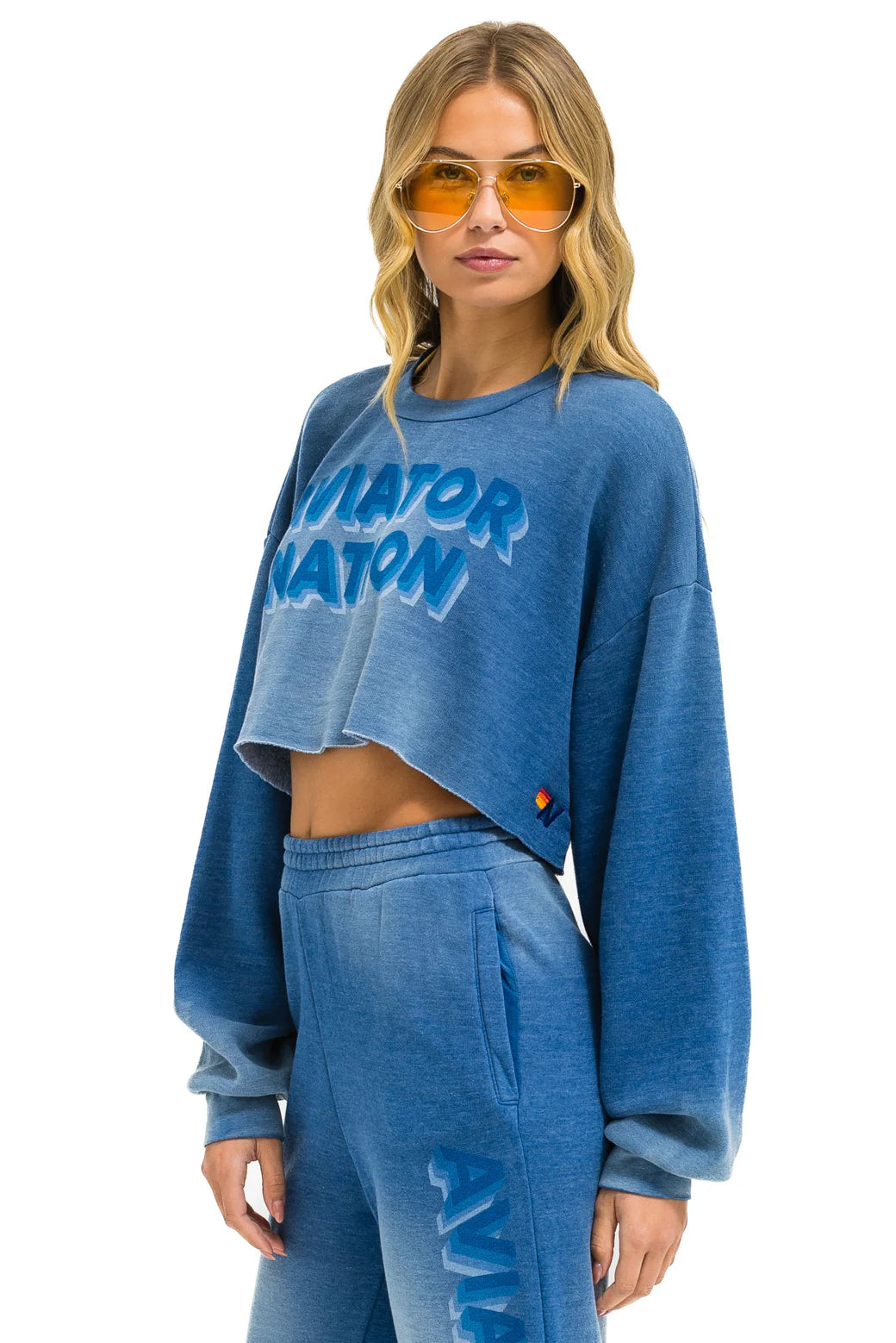 Aviator Nation 3D Cropped Crew Sweatshirt Relaxed - Faded Water