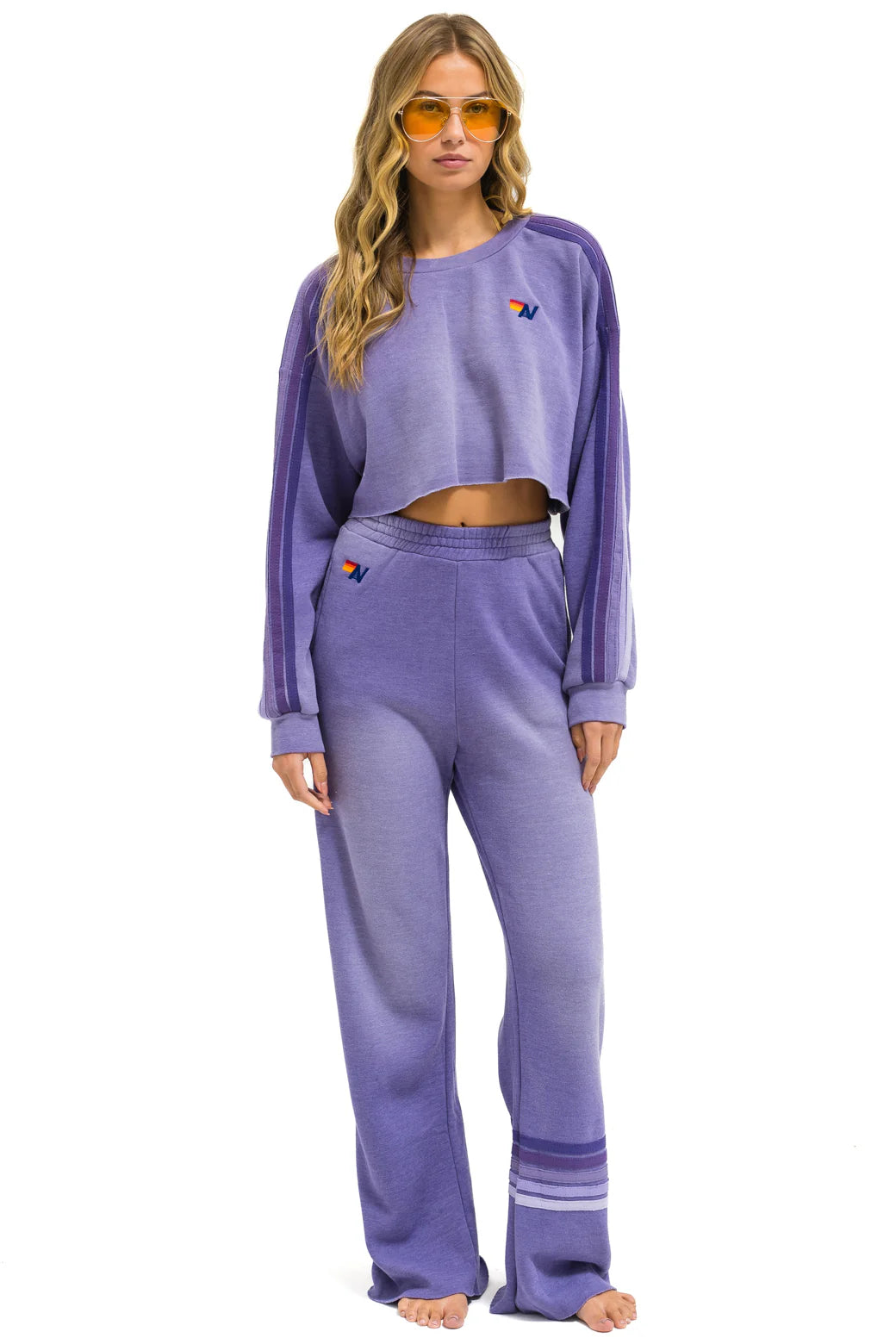 Aviator Nation Classic Stripe Cropped Crew Sweatshirt Relaxed - Faded Grape