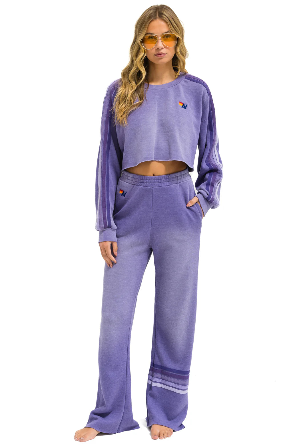 Aviator Nation Classic Stripe Cropped Crew Sweatshirt Relaxed - Faded Grape