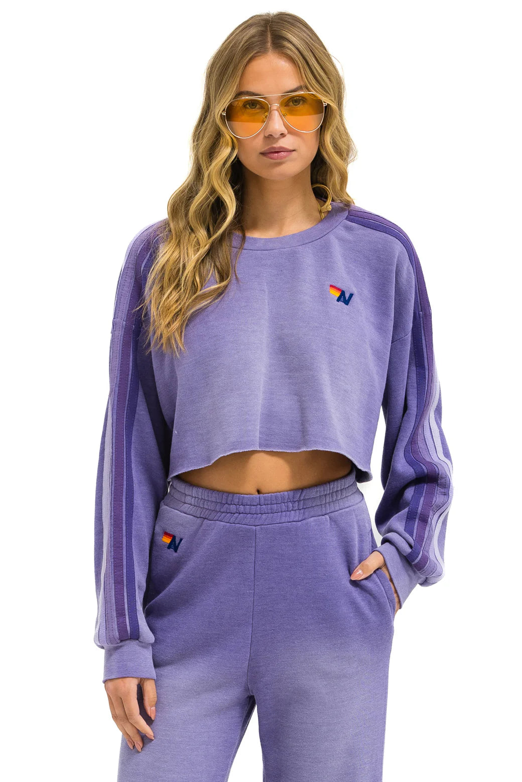 Aviator Nation Classic Stripe Cropped Crew Sweatshirt Relaxed - Faded Grape