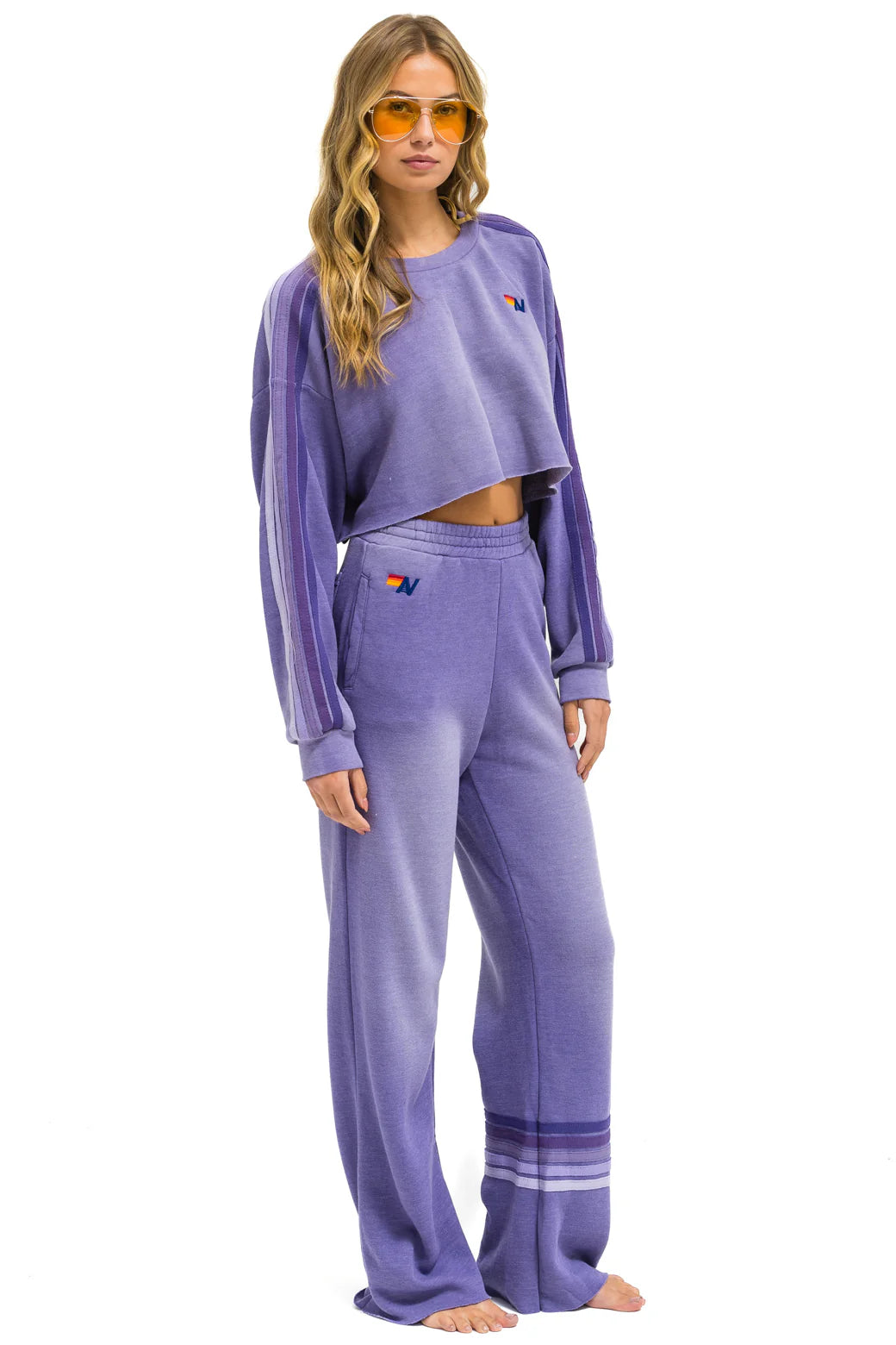 Aviator Nation Classic Stripe Cropped Crew Sweatshirt Relaxed - Faded Grape