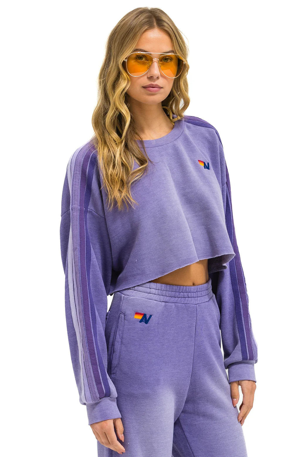 Aviator Nation Classic Stripe Cropped Crew Sweatshirt Relaxed - Faded Grape