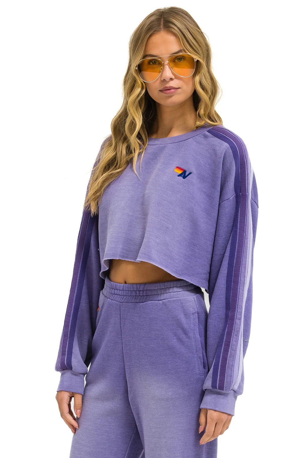 Aviator Nation Classic Stripe Cropped Crew Sweatshirt Relaxed - Faded Grape