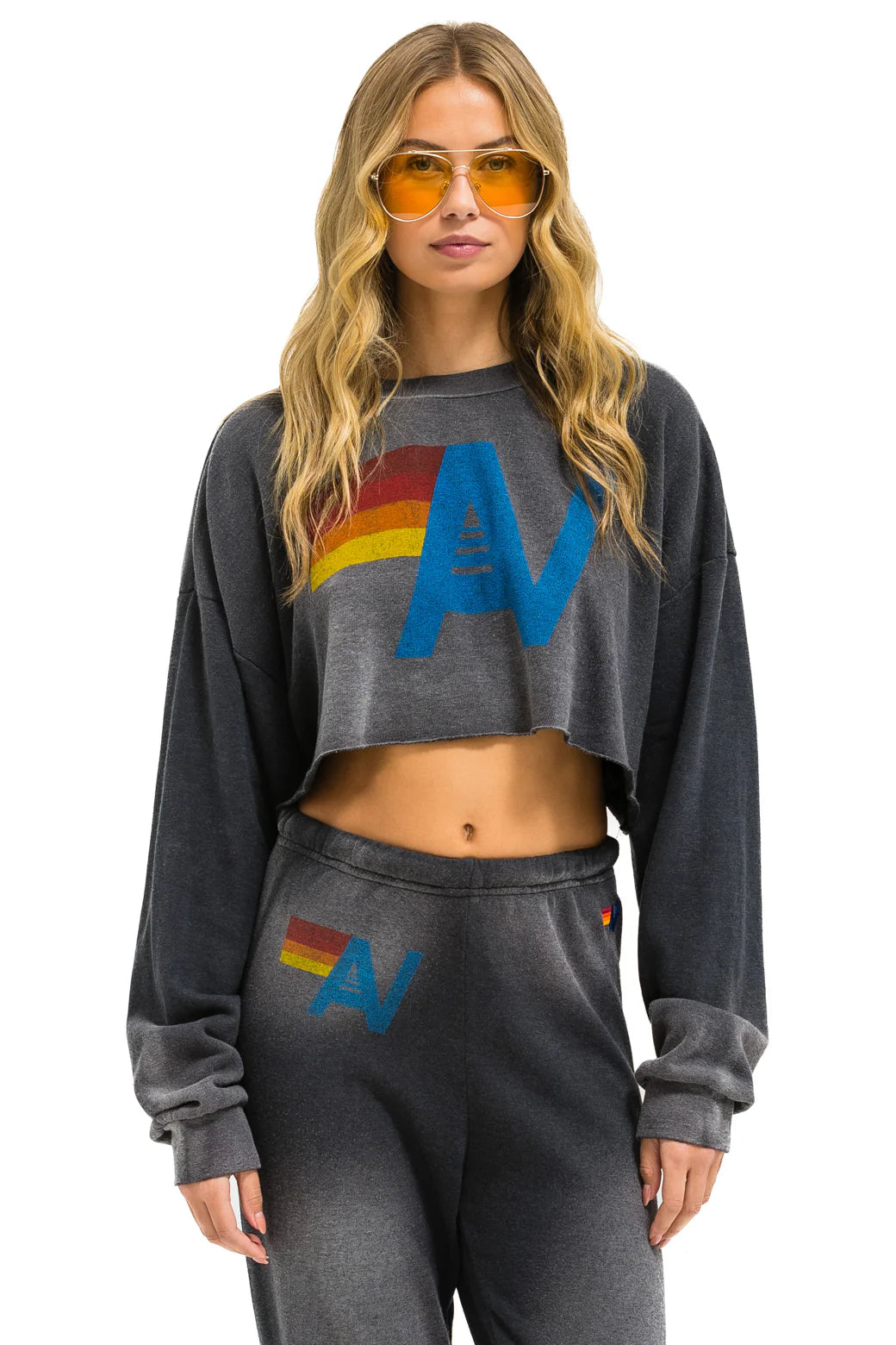 Aviator Nation Logo Cropped Crew Sweatshirt Relaxed - Faded Smoke