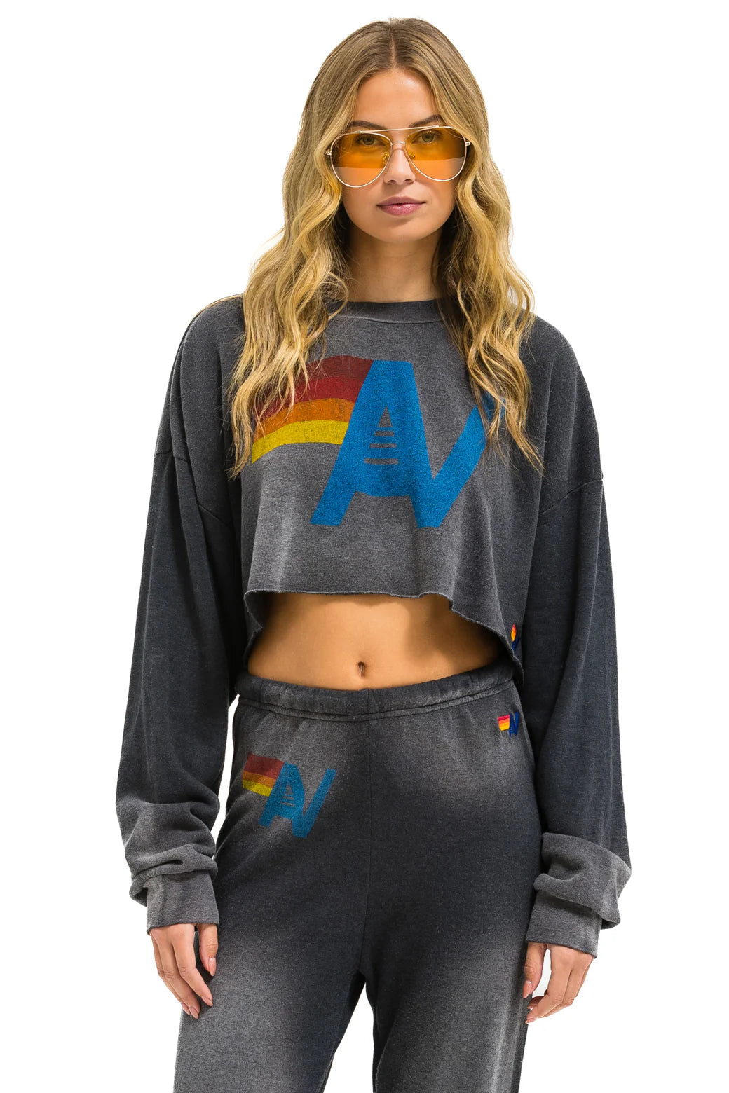 Aviator Nation Logo Cropped Crew Sweatshirt Relaxed - Faded Smoke