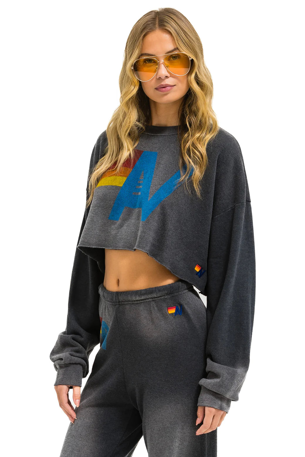 Aviator Nation Logo Cropped Crew Sweatshirt Relaxed - Faded Smoke