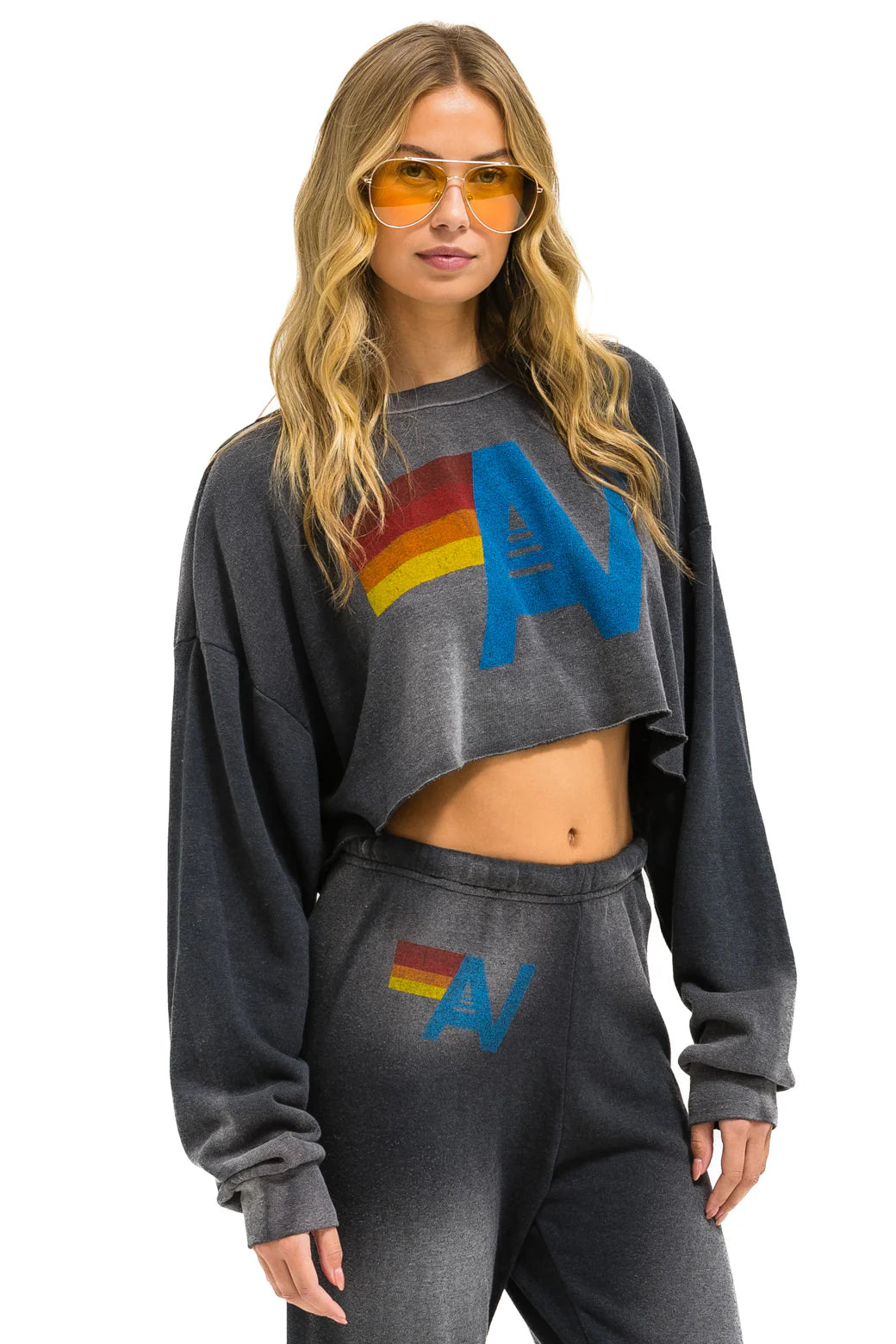 Aviator Nation Logo Cropped Crew Sweatshirt Relaxed - Faded Smoke