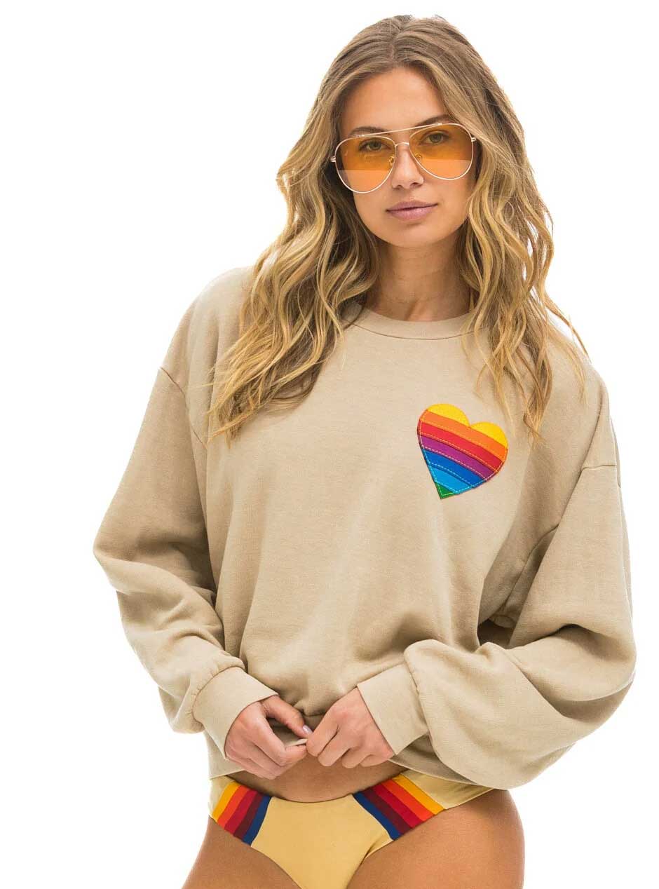 Aviator Nation Rainbow Heart Stitch Relaxed Crew Sweatshirt - Sand