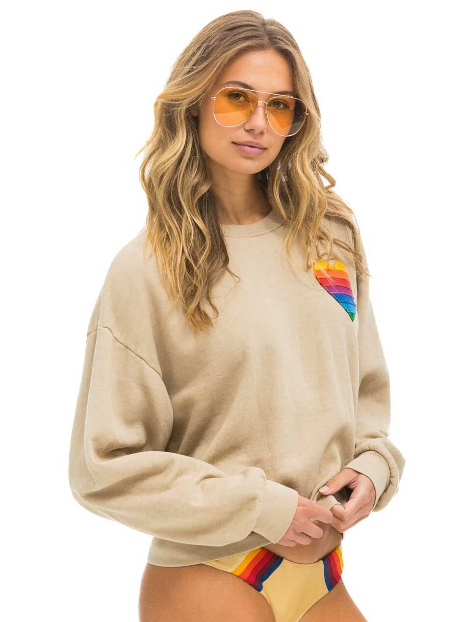 Aviator Nation Rainbow Heart Stitch Relaxed Crew Sweatshirt - Sand
