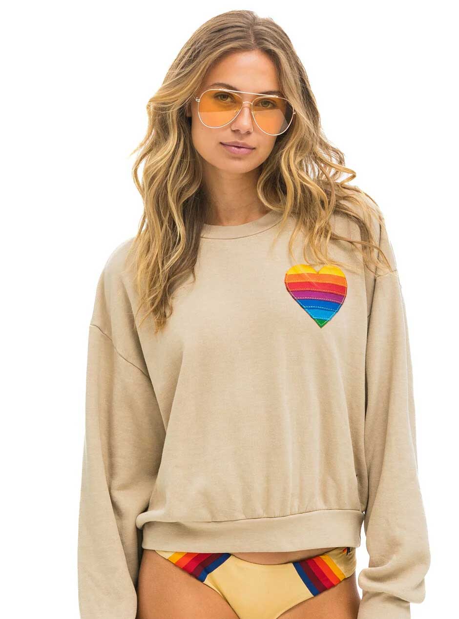 Aviator Nation Rainbow Heart Stitch Relaxed Crew Sweatshirt - Sand