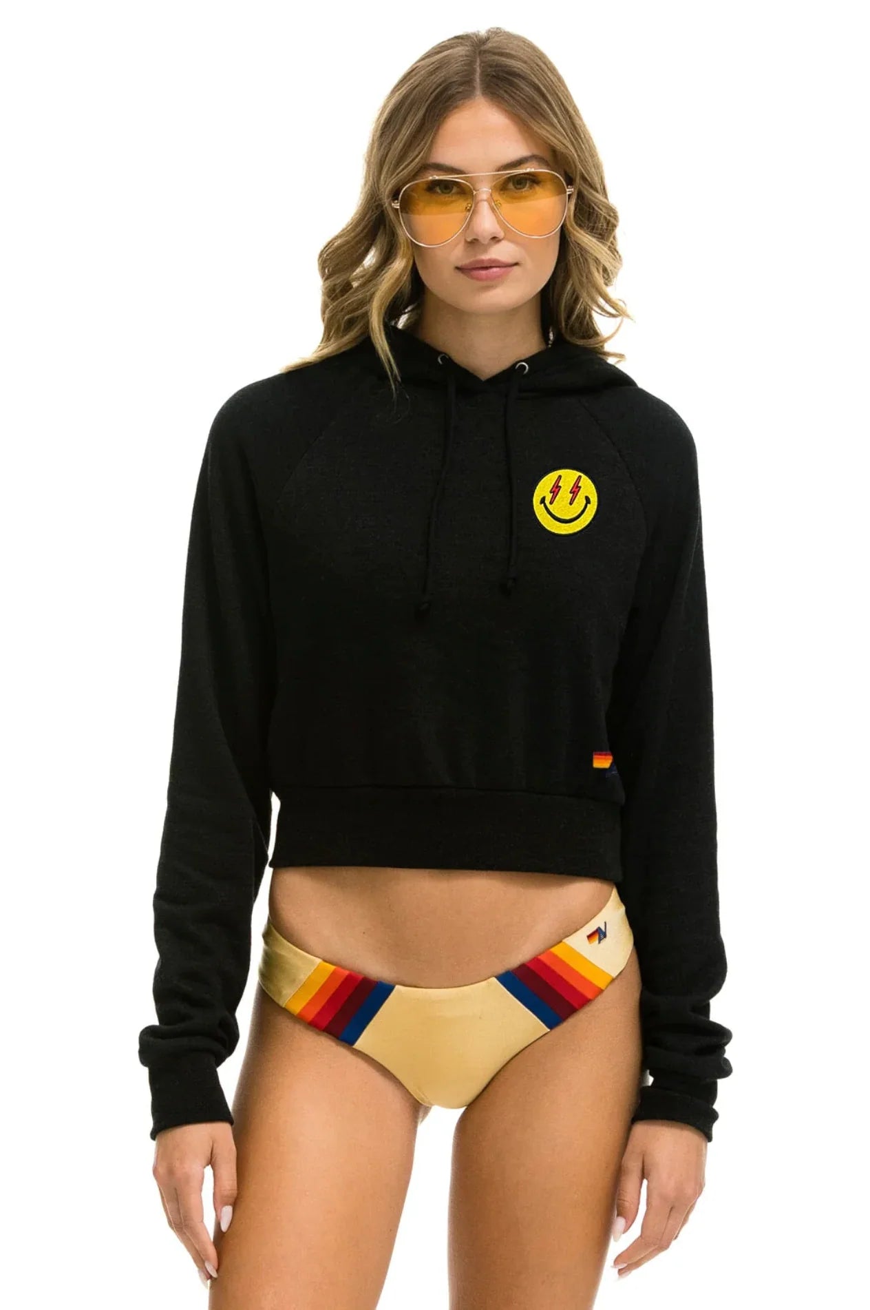 Aviator Nation Smiley Bolt Eyes Cropped Hoodie - Black