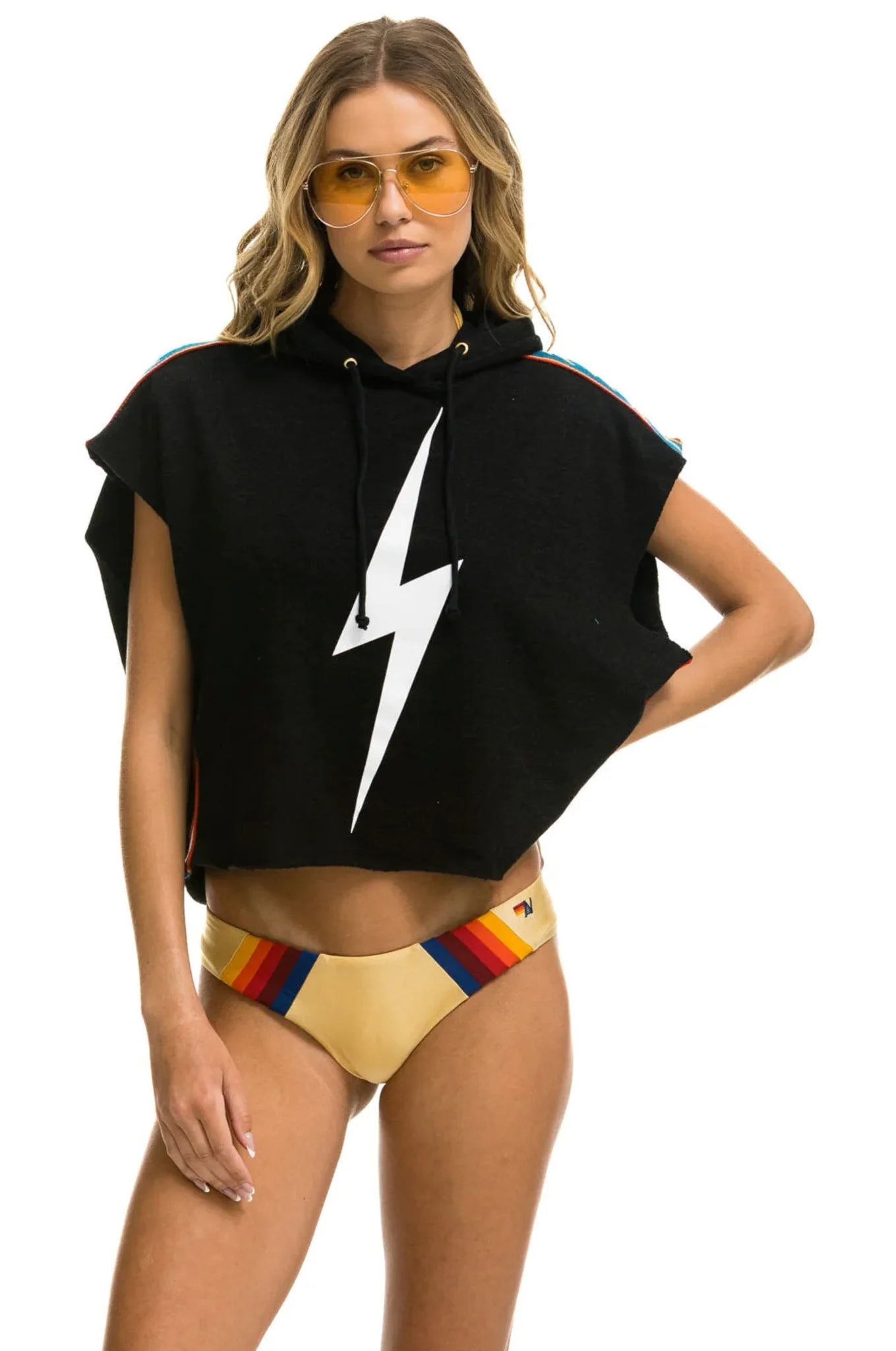 Aviator Nation Bolt Stripe Sleeveless Relaxed Cropped Pullover Hoodie - Black