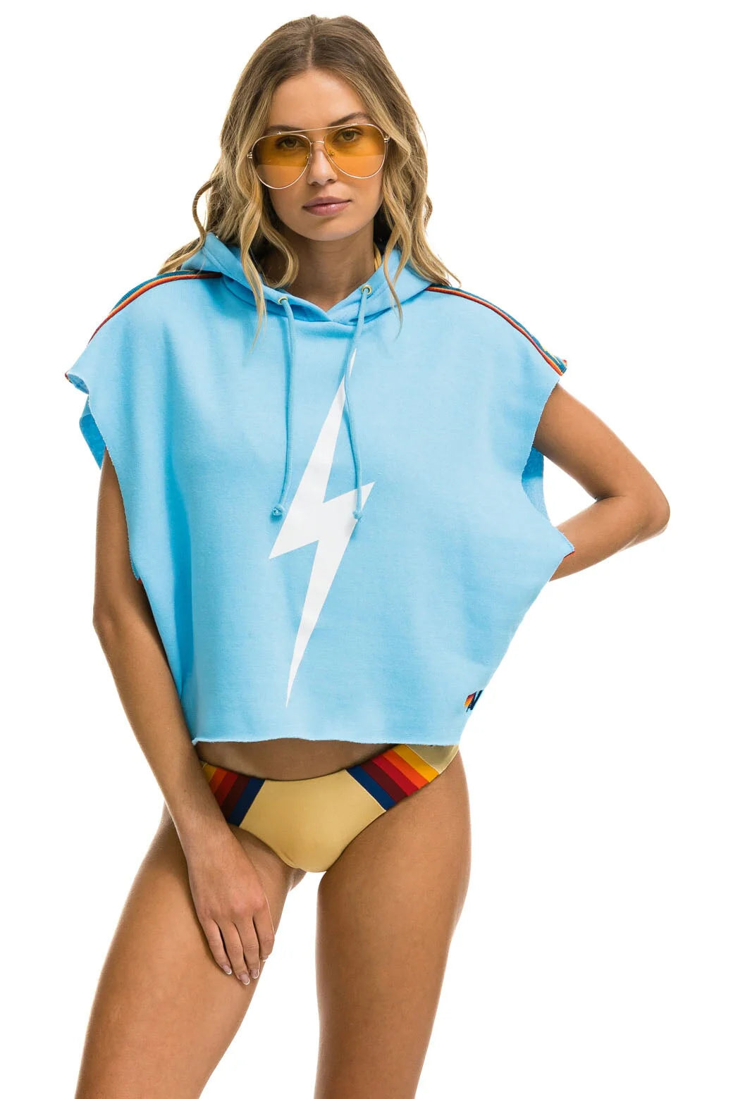 Aviator Nation Bolt Stripe Sleeveless Relaxed Cropped Pullover Hoodie - Sky Blue