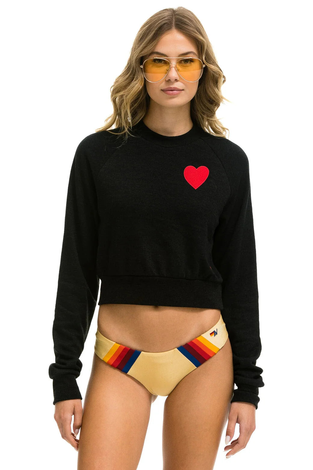 Aviator Nation Heart Embroidery Cropped Crew Sweatshirt - Black