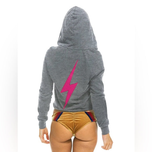 Aviator Nation Bolt Split Neck Chevron 5 Strip Crop Hoodie - Grey / Neon