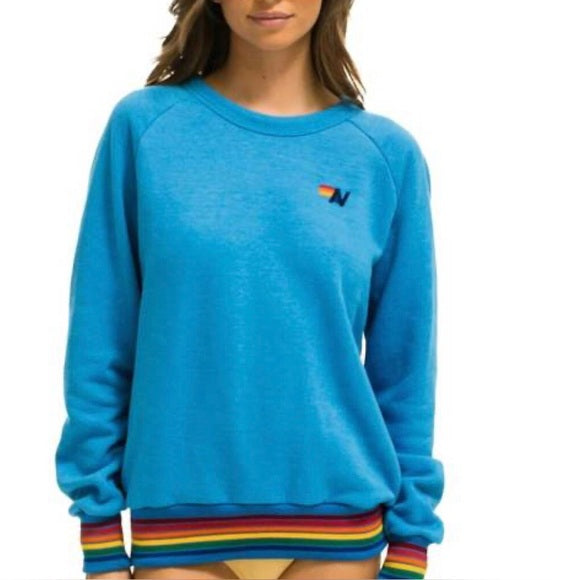 Aviator Nation Rainbow Rib Relaxed Crew Sweatshirt - Sky Blue