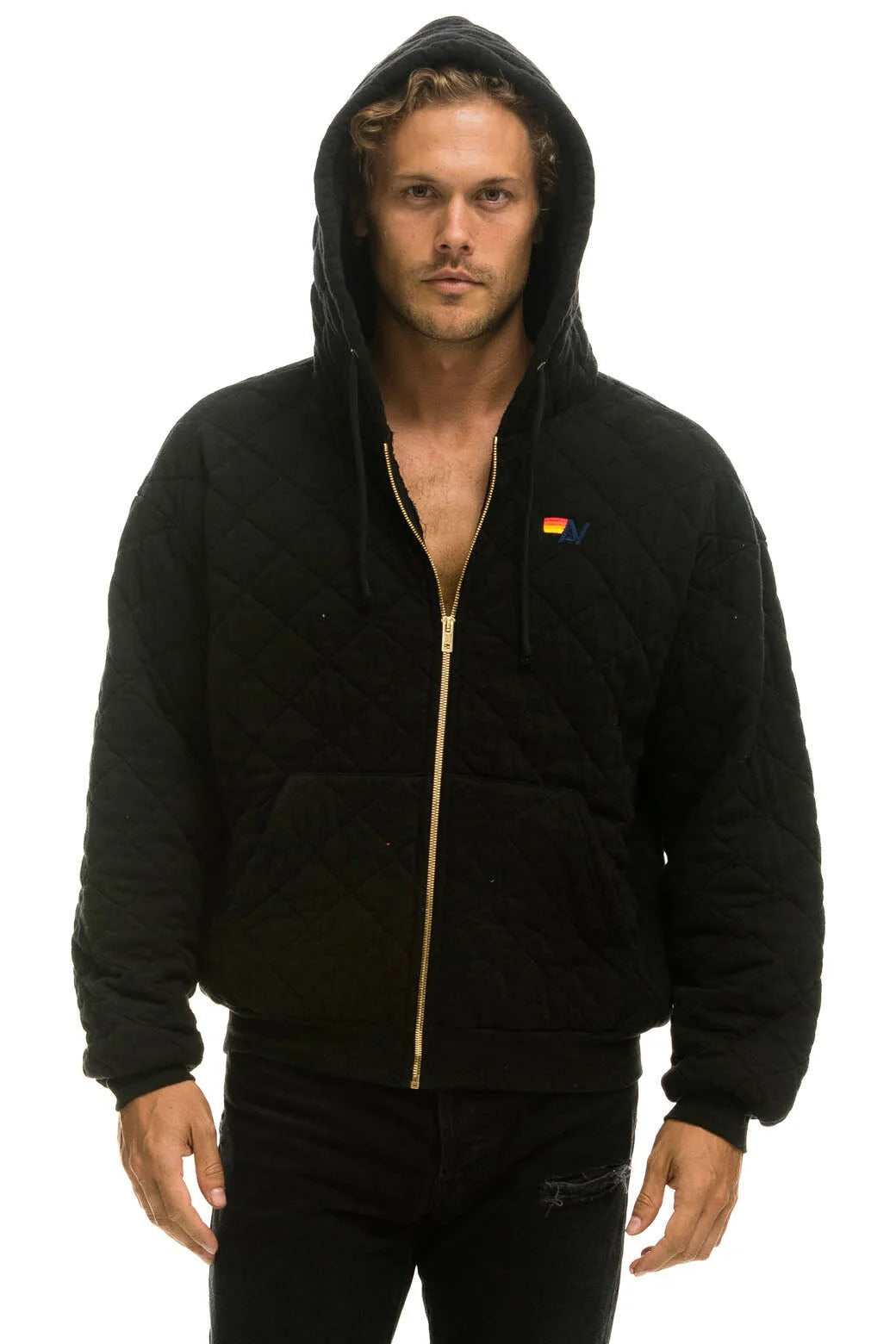 Aviator Nation Quilted Relaxed Zip Hoodie - Black