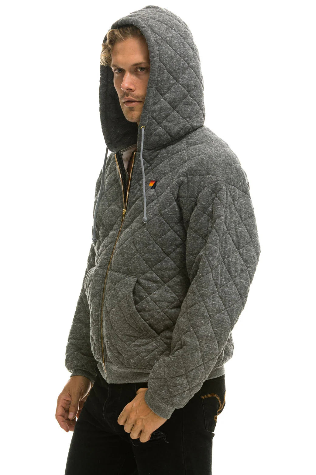 Aviator Nation Quilted Relaxed Zip Hoodie - Heather Grey