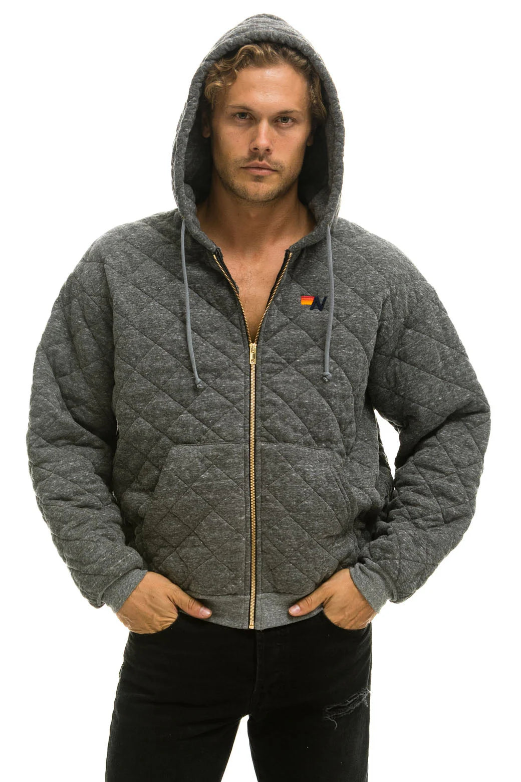 Aviator Nation Quilted Relaxed Zip Hoodie - Heather Grey
