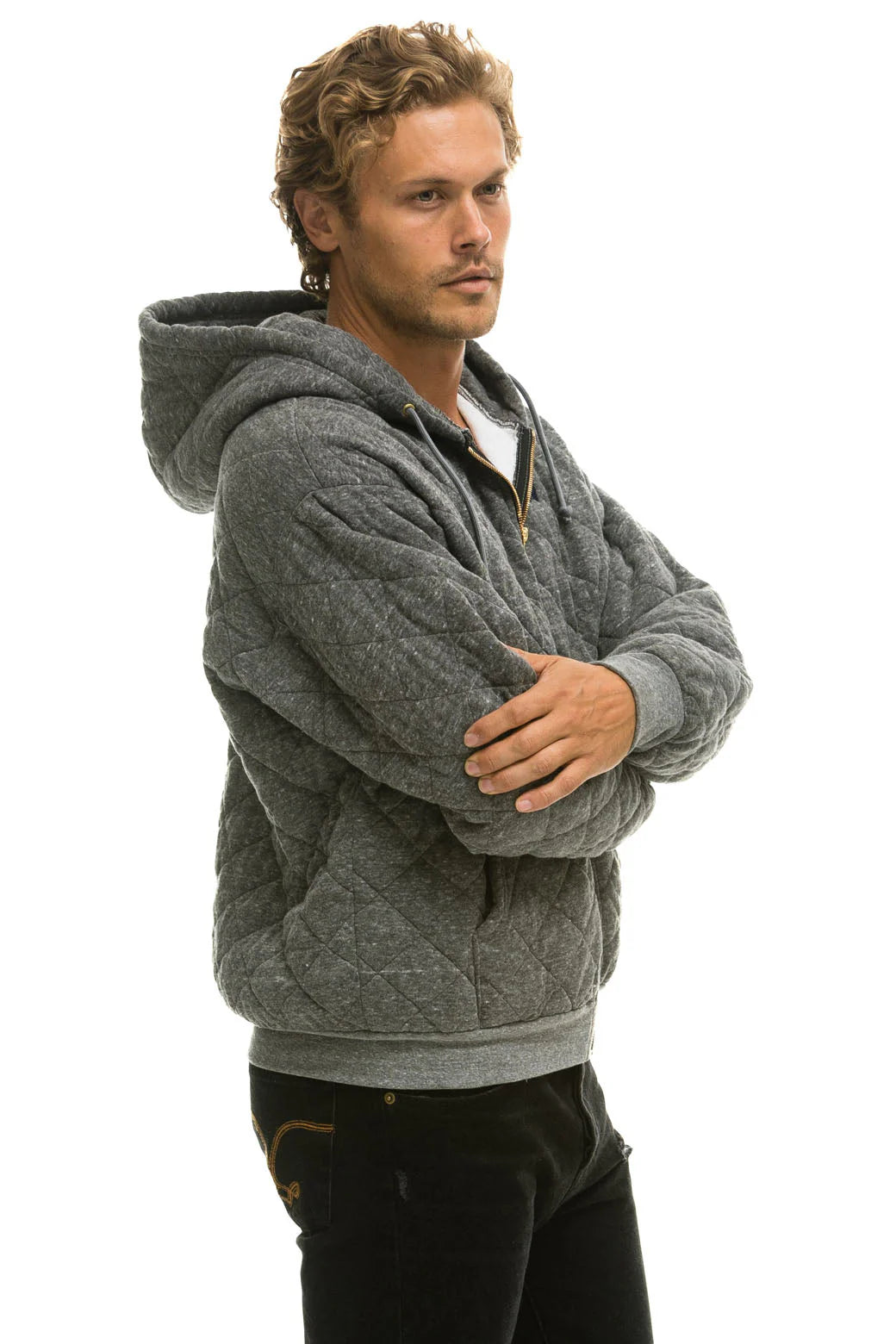 Aviator Nation Quilted Relaxed Zip Hoodie - Heather Grey