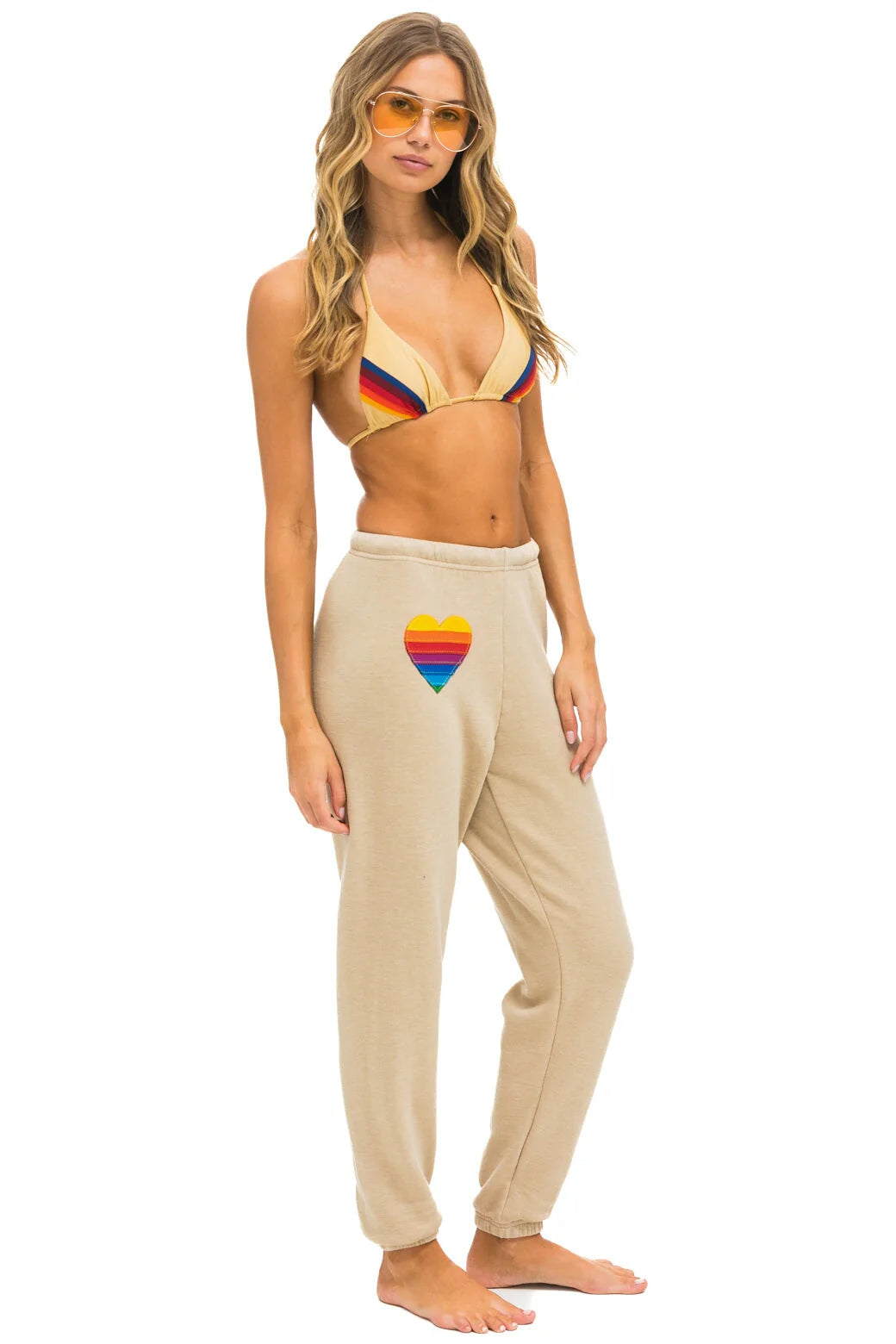 Aviator Nation Women's Rainbow Heart Stitch Sweatpants - Sand