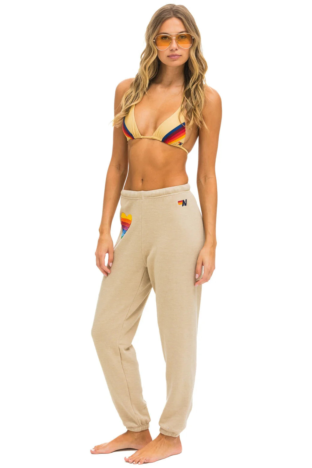 Aviator Nation Women's Rainbow Heart Stitch Sweatpants - Sand