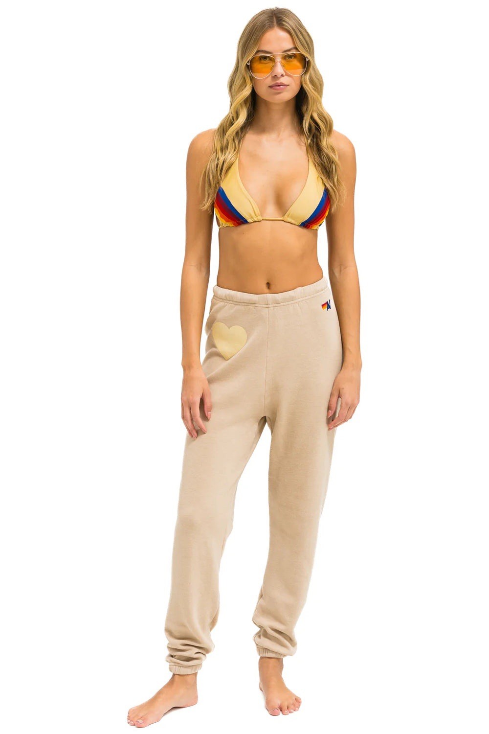 Aviator Nation Glitter Heart Sweatpants - Sand / Gold