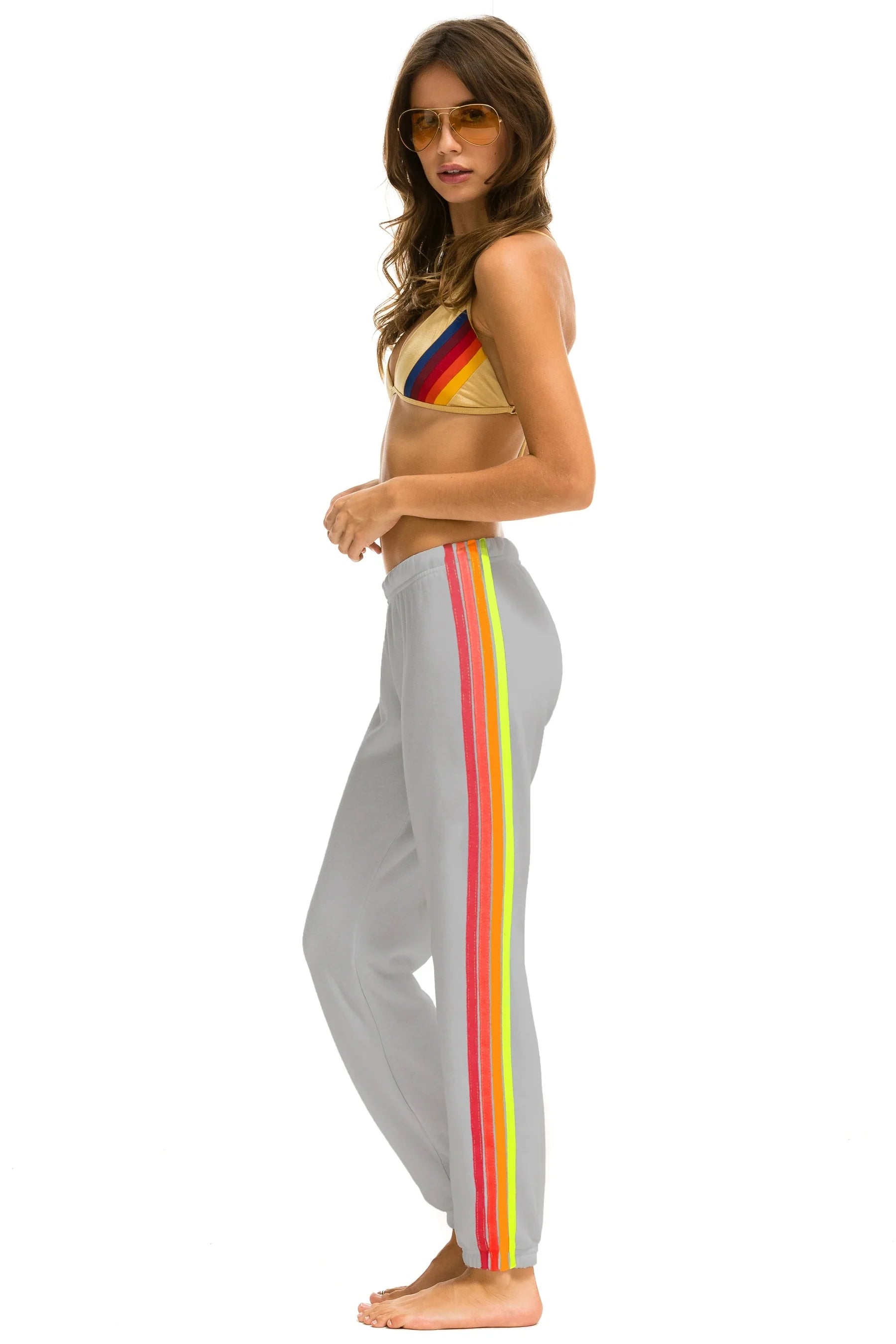 Aviator Nation 5 Stripe Sweatpants - Light Grey / Neon