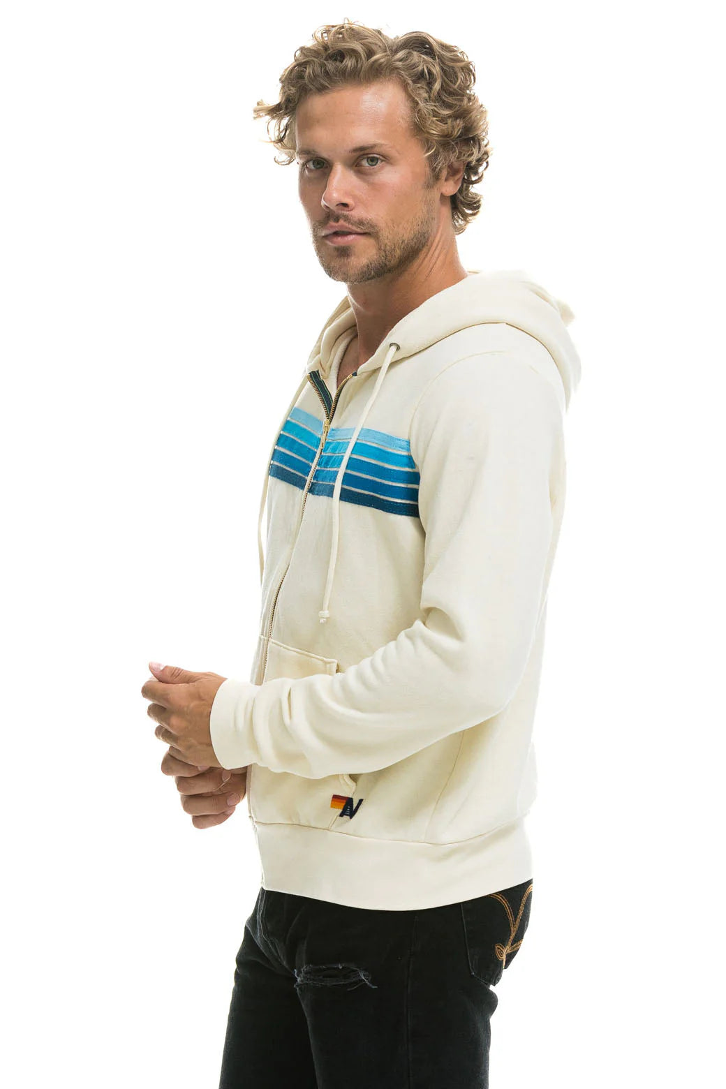 Aviator Nation Adult Vintage White Blue Stripe Zip Hoodie L