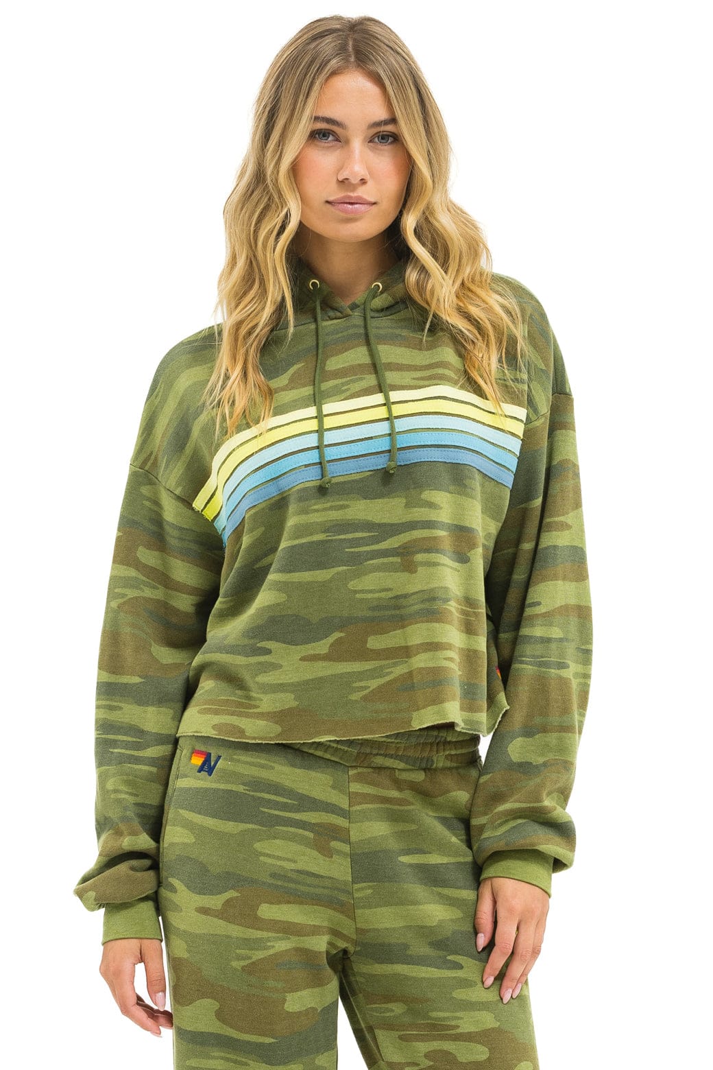 Aviator Nation 5 Stripe Relaxed Cropped Pullover Hoodie - Camo / Lime Aquamarine