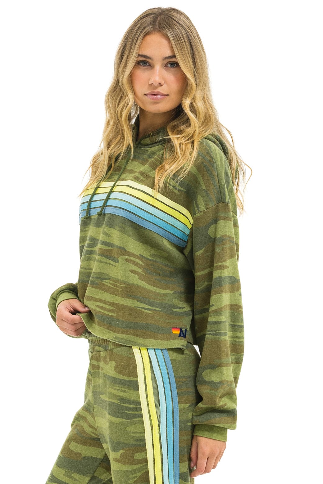 Aviator Nation 5 Stripe Relaxed Cropped Pullover Hoodie - Camo / Lime Aquamarine
