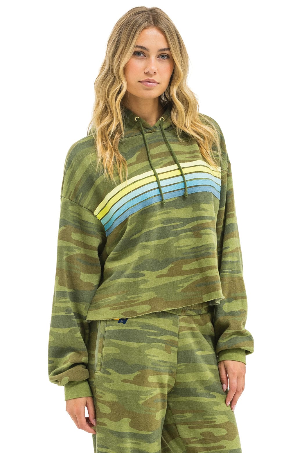 Aviator Nation 5 Stripe Relaxed Cropped Pullover Hoodie - Camo / Lime Aquamarine
