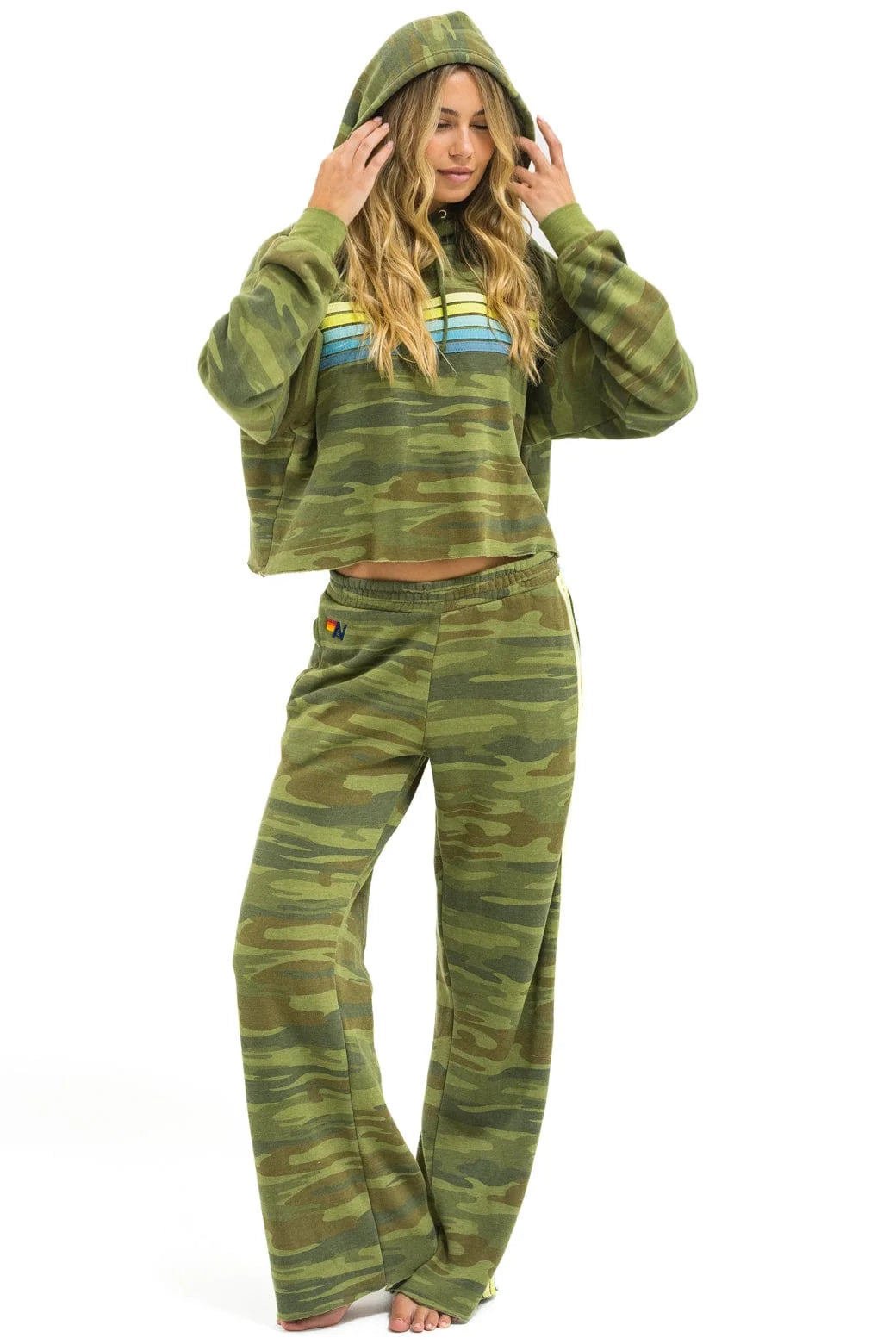 Aviator Nation 5 Stripe Relaxed Cropped Pullover Hoodie - Camo / Lime Aquamarine