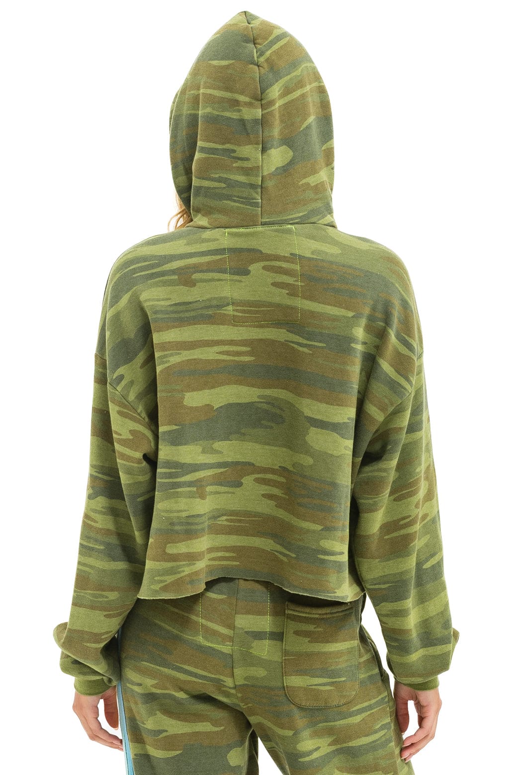 Aviator Nation 5 Stripe Relaxed Cropped Pullover Hoodie - Camo / Lime Aquamarine