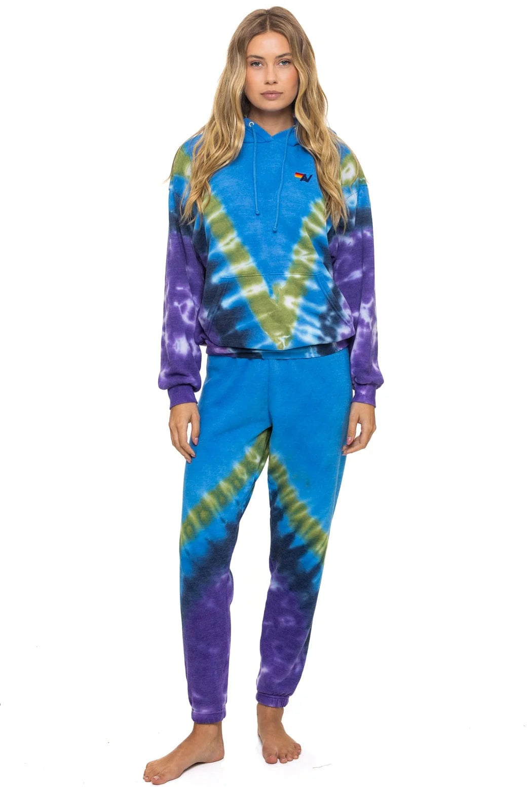 Aviator Nation Unisex Hand Dyed V Relaxed Pullover Hoodie - Tie Dye Ocean / Purple