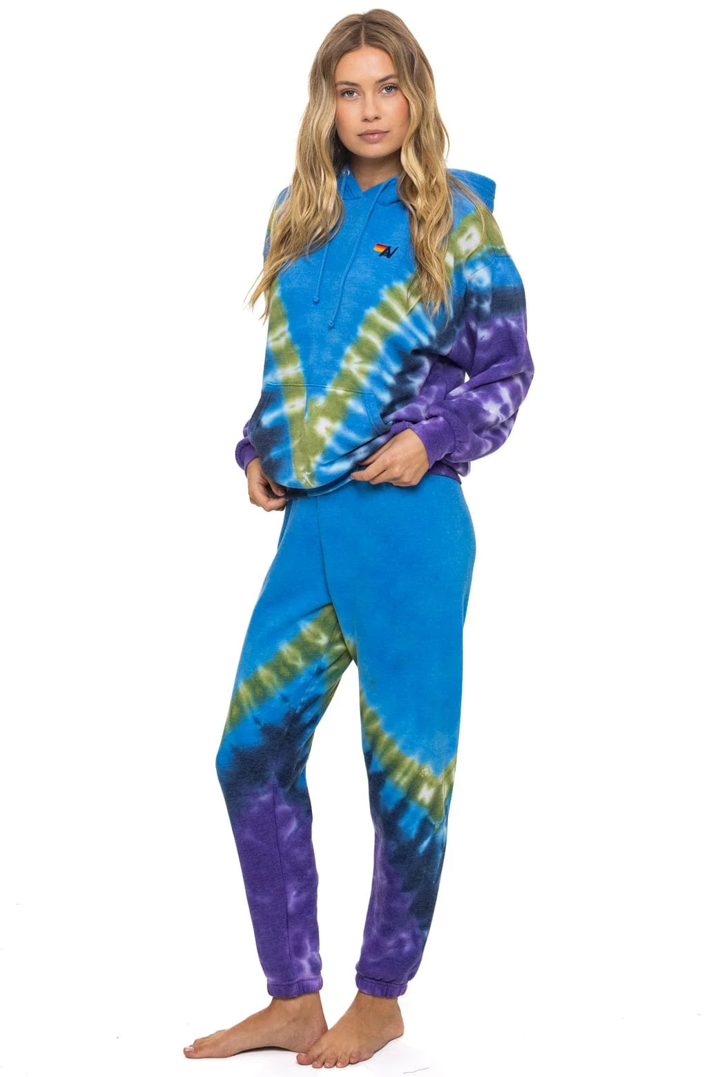 Aviator Nation Unisex Hand Dyed V Relaxed Pullover Hoodie - Tie Dye Ocean / Purple