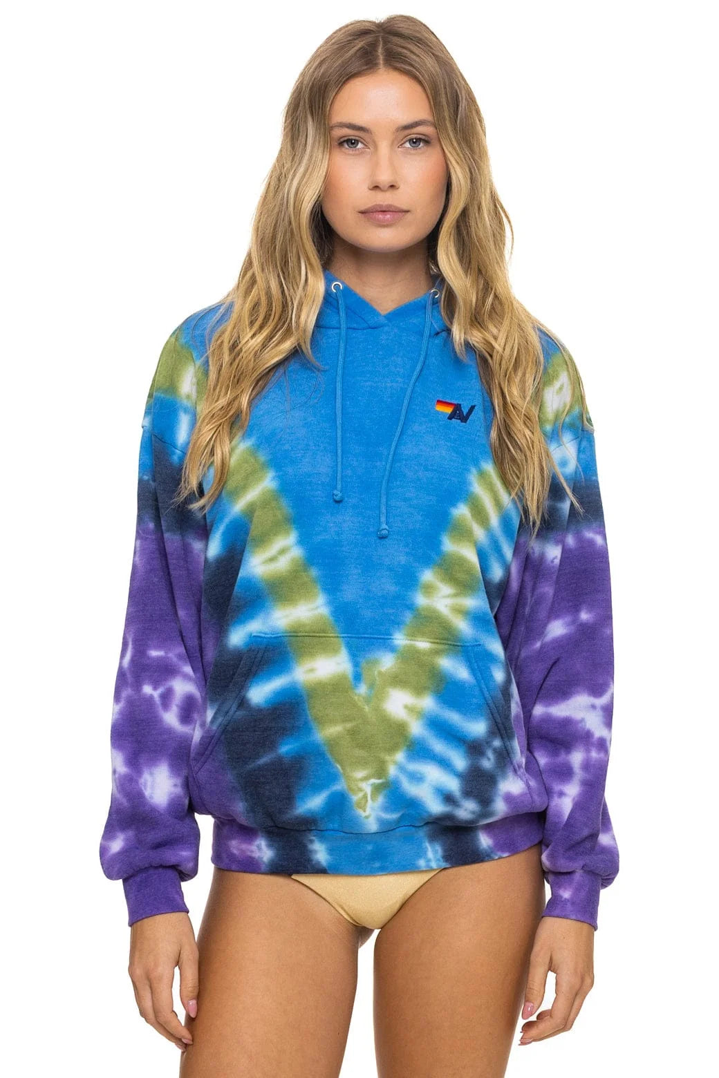 Aviator Nation Unisex Hand Dyed V Relaxed Pullover Hoodie - Tie Dye Ocean / Purple